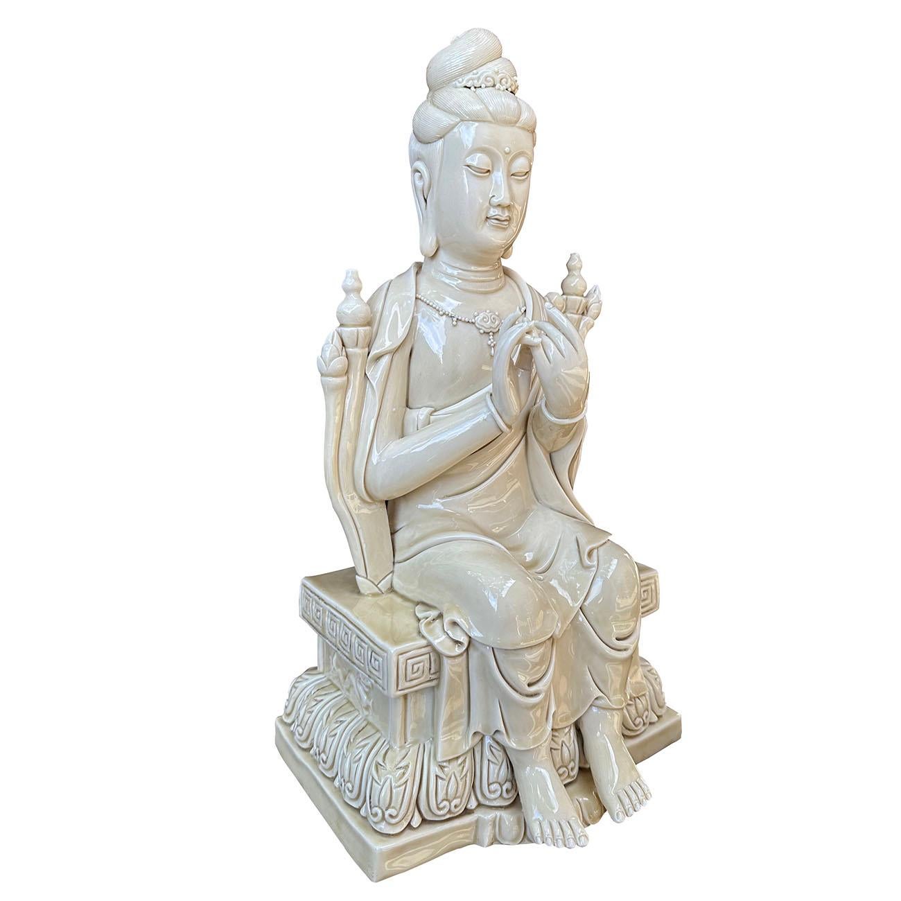 Hand-Carved Chinese Antique De Hua Porcelain Kwan Yin Statuary For Sale