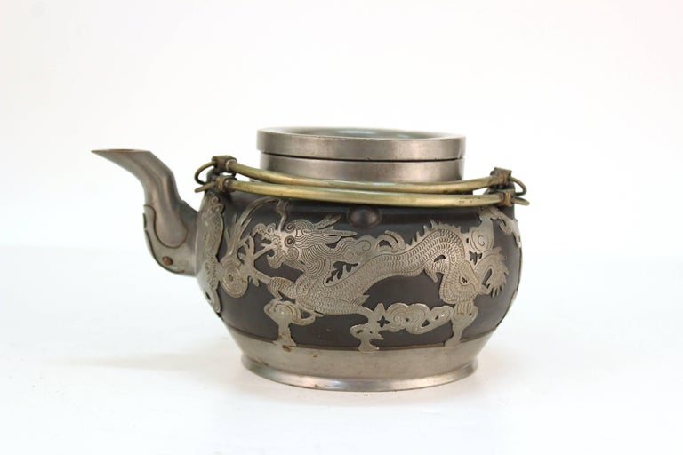 Chinese Antique Earthenware and Pewter Teapot at 1stDibs
