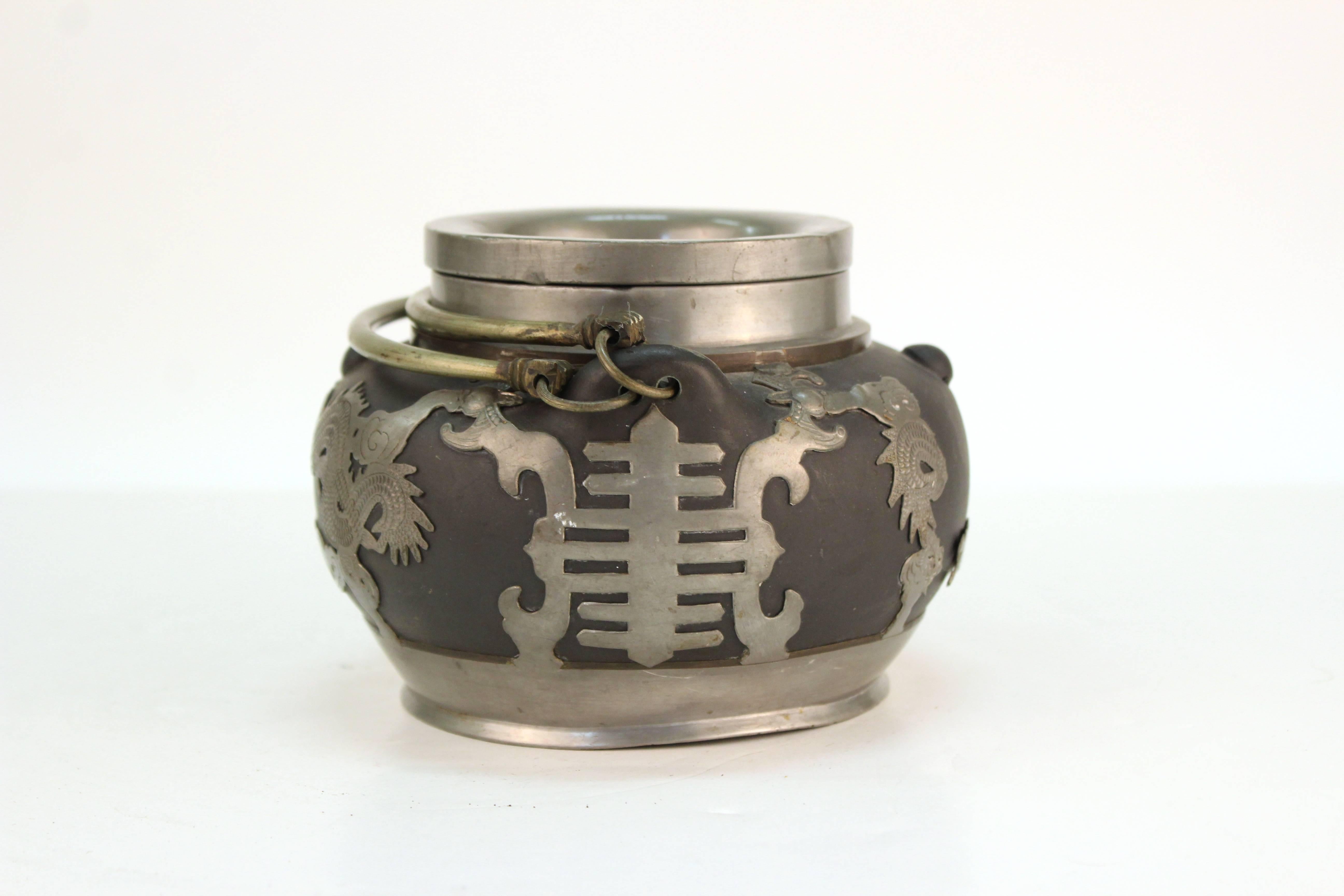 Chinese Export Chinese Antique Earthenware and Pewter Teapot