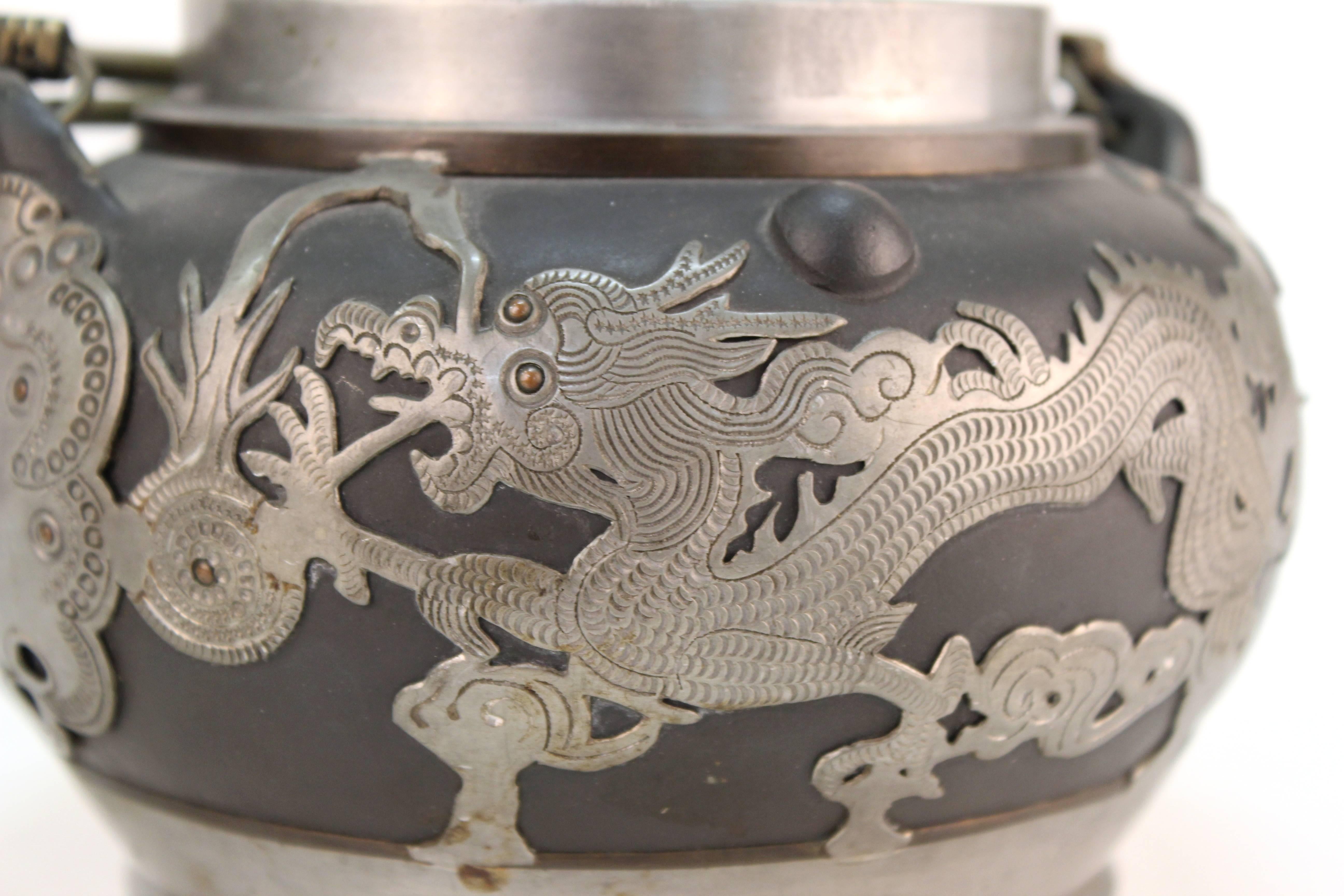 Chinese Antique Earthenware and Pewter Teapot In Good Condition In New York, NY