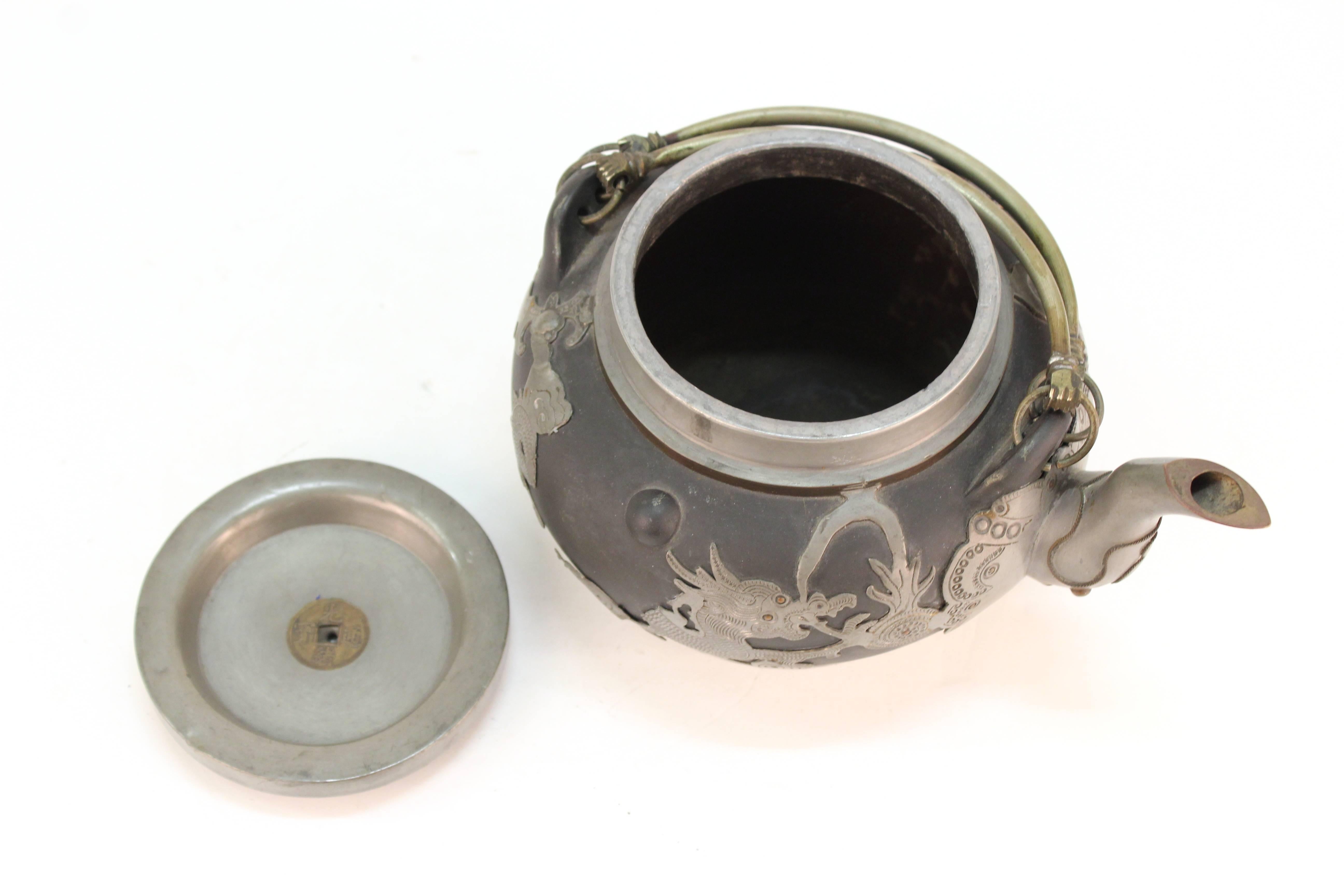 19th Century Chinese Antique Earthenware and Pewter Teapot