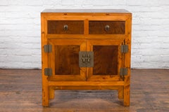 Chinese Antique Elm and Burlwood Two-Toned Side Cabinet with Doors and Drawers