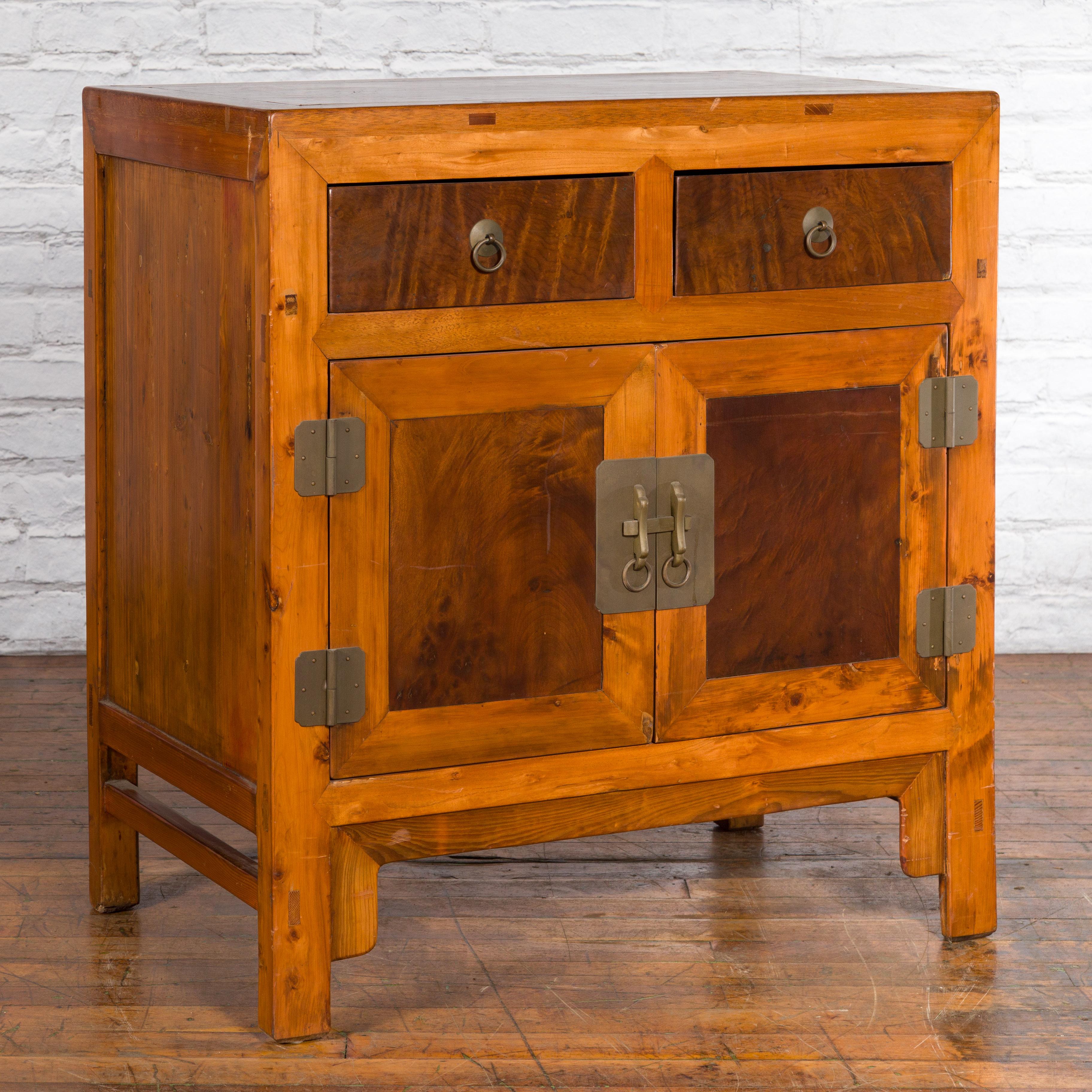 Chinese Antique Elm and Burlwood Two-Toned Side Cabinet with Doors and Drawers In Good Condition For Sale In Yonkers, NY