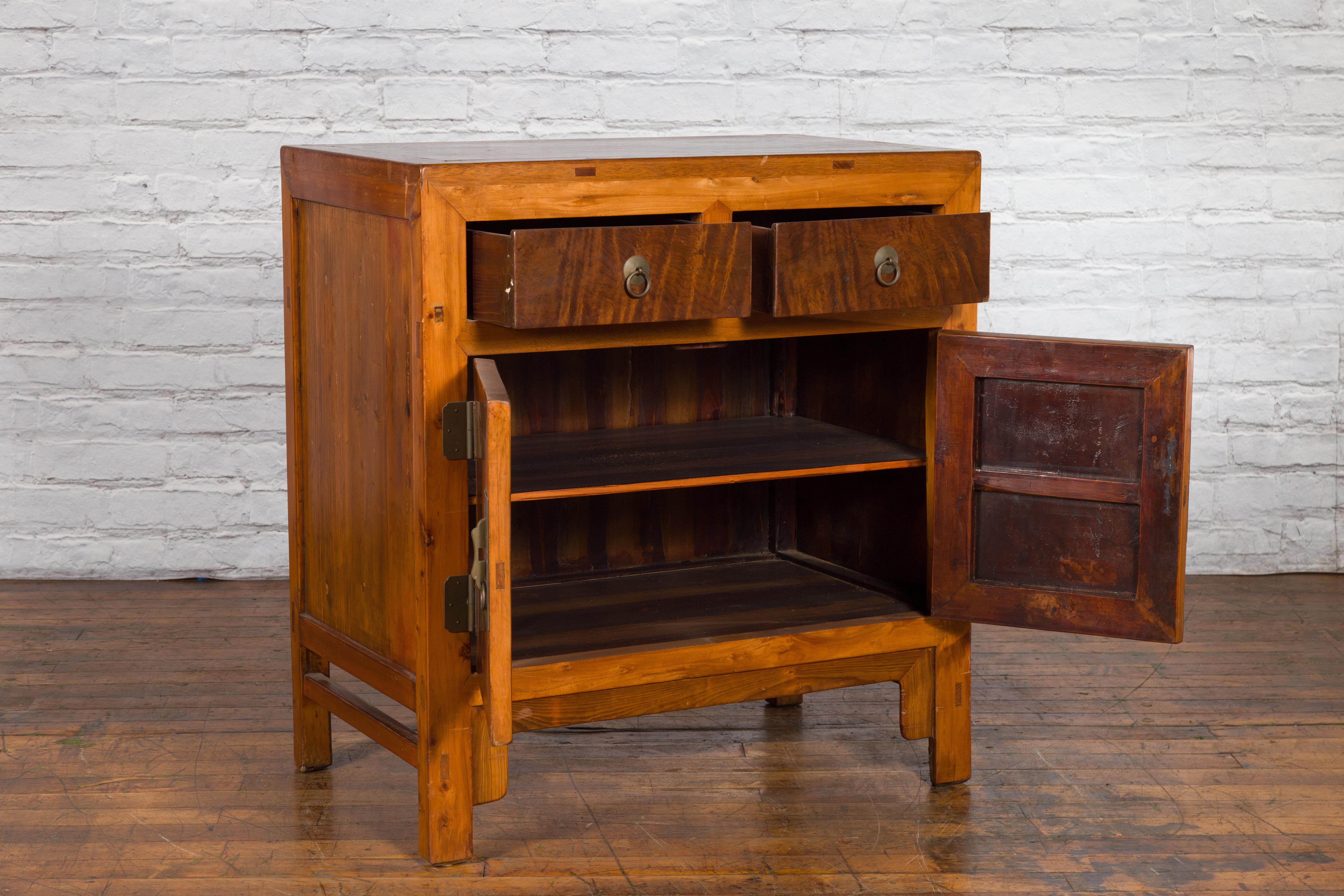 20th Century Chinese Antique Elm and Burlwood Two-Toned Side Cabinet with Doors and Drawers For Sale