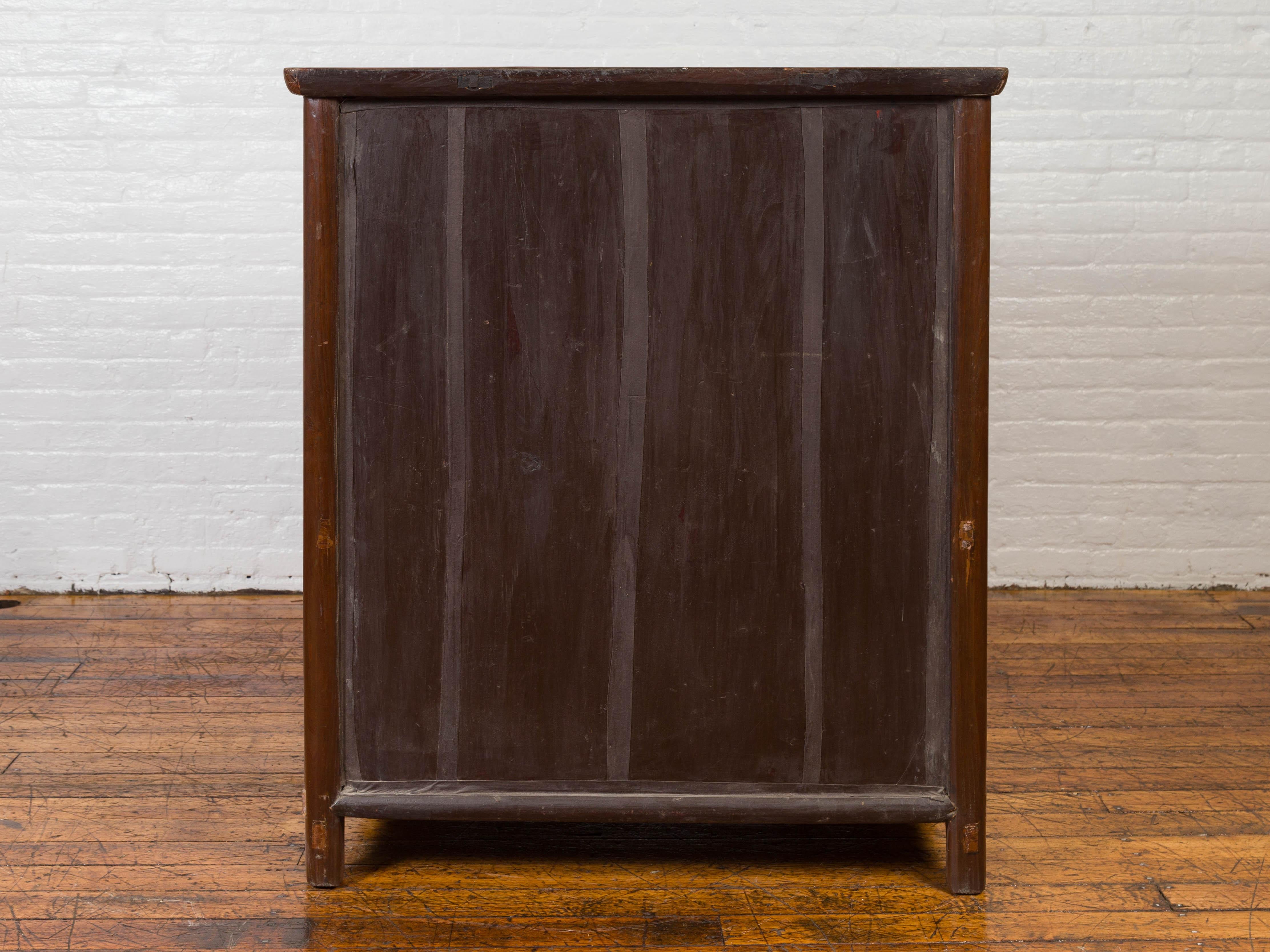 Chinese Antique Elm Two-Toned Cabinet with Cut Bronze Hardware and Yellow Patina For Sale 9