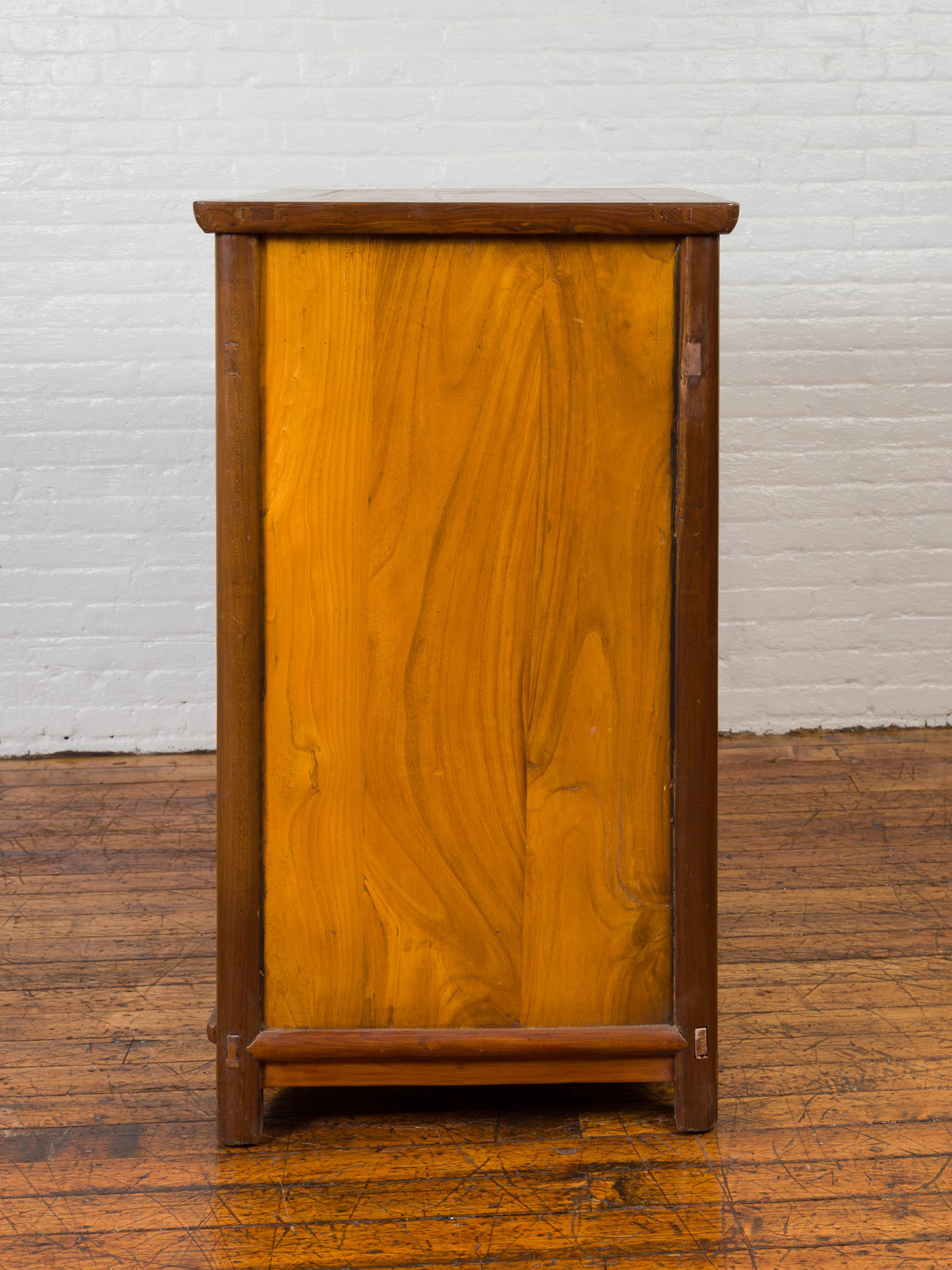 Chinese Antique Elm Two-Toned Cabinet with Cut Bronze Hardware and Yellow Patina For Sale 10