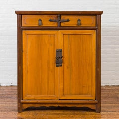 Antique Elm Two-Toned Cabinet with Cut Bronze Hardware and Yellow Patina