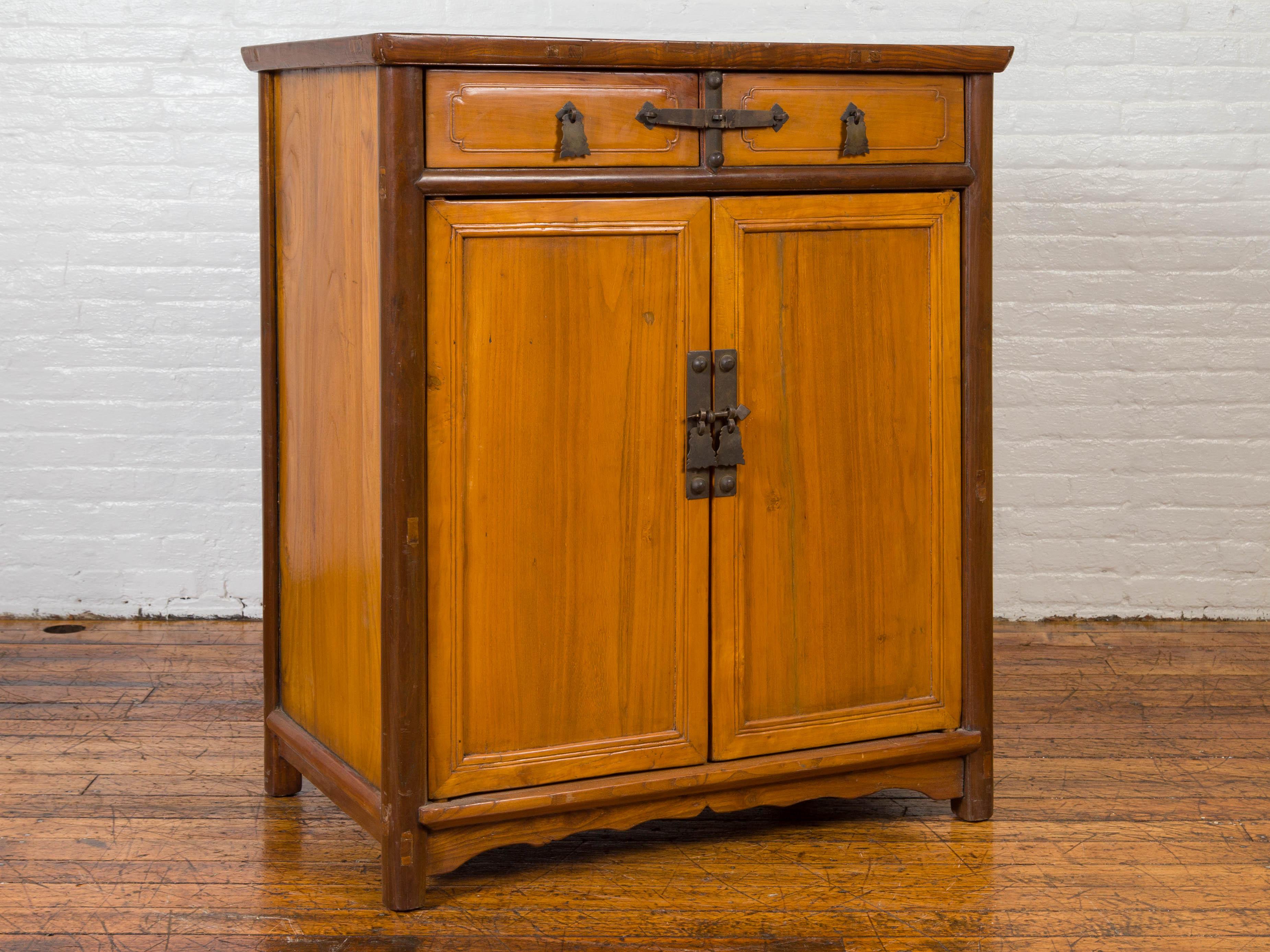 Chinese Antique Elm Two-Toned Cabinet with Cut Bronze Hardware and Yellow Patina In Good Condition For Sale In Yonkers, NY