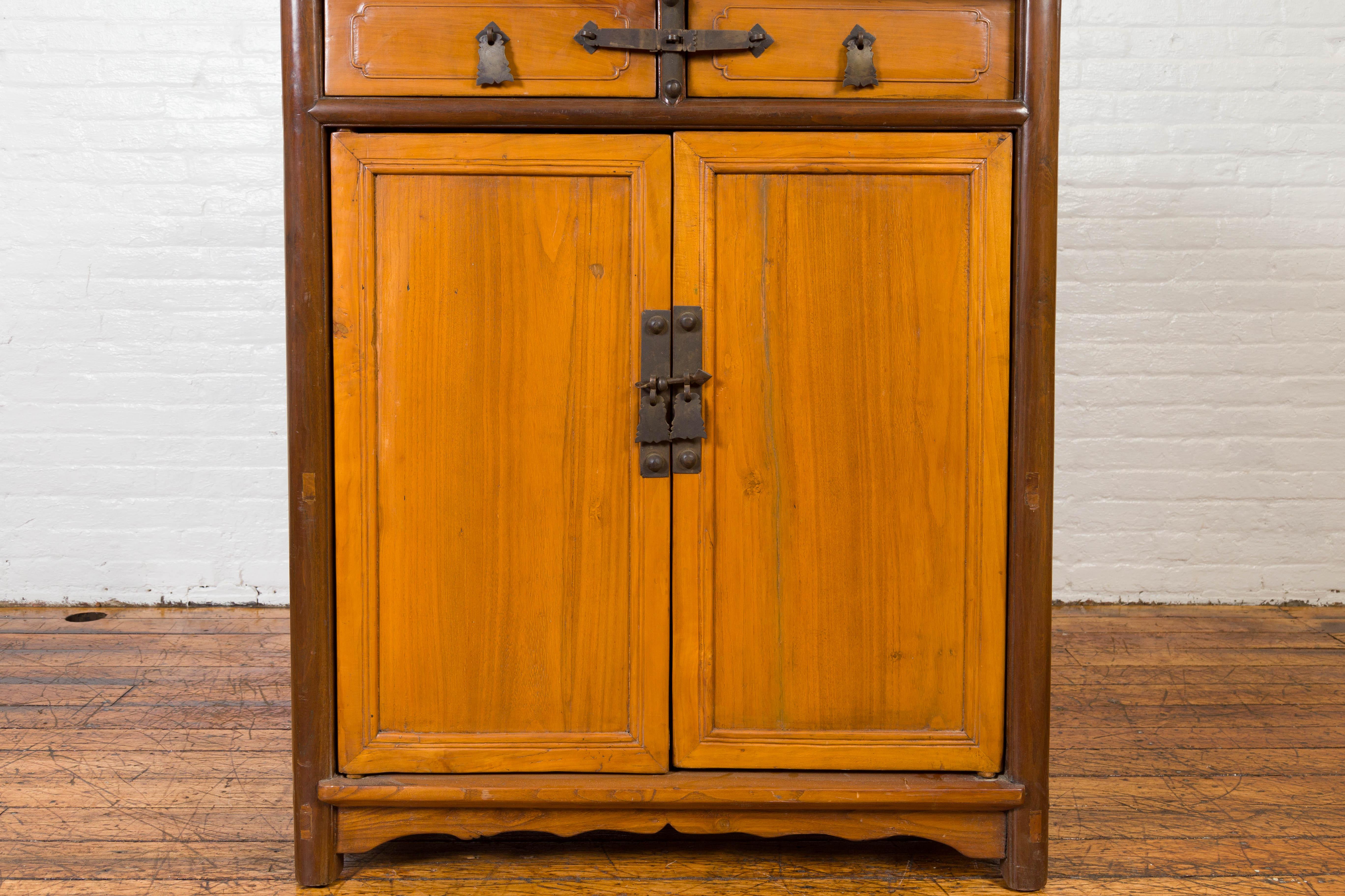 Chinese Antique Elm Two-Toned Cabinet with Cut Bronze Hardware and Yellow Patina For Sale 2