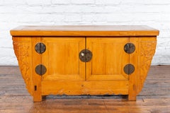 Chinese Antique Elm Wood Sideboard with Carved Spandrels and Bronze Hardware