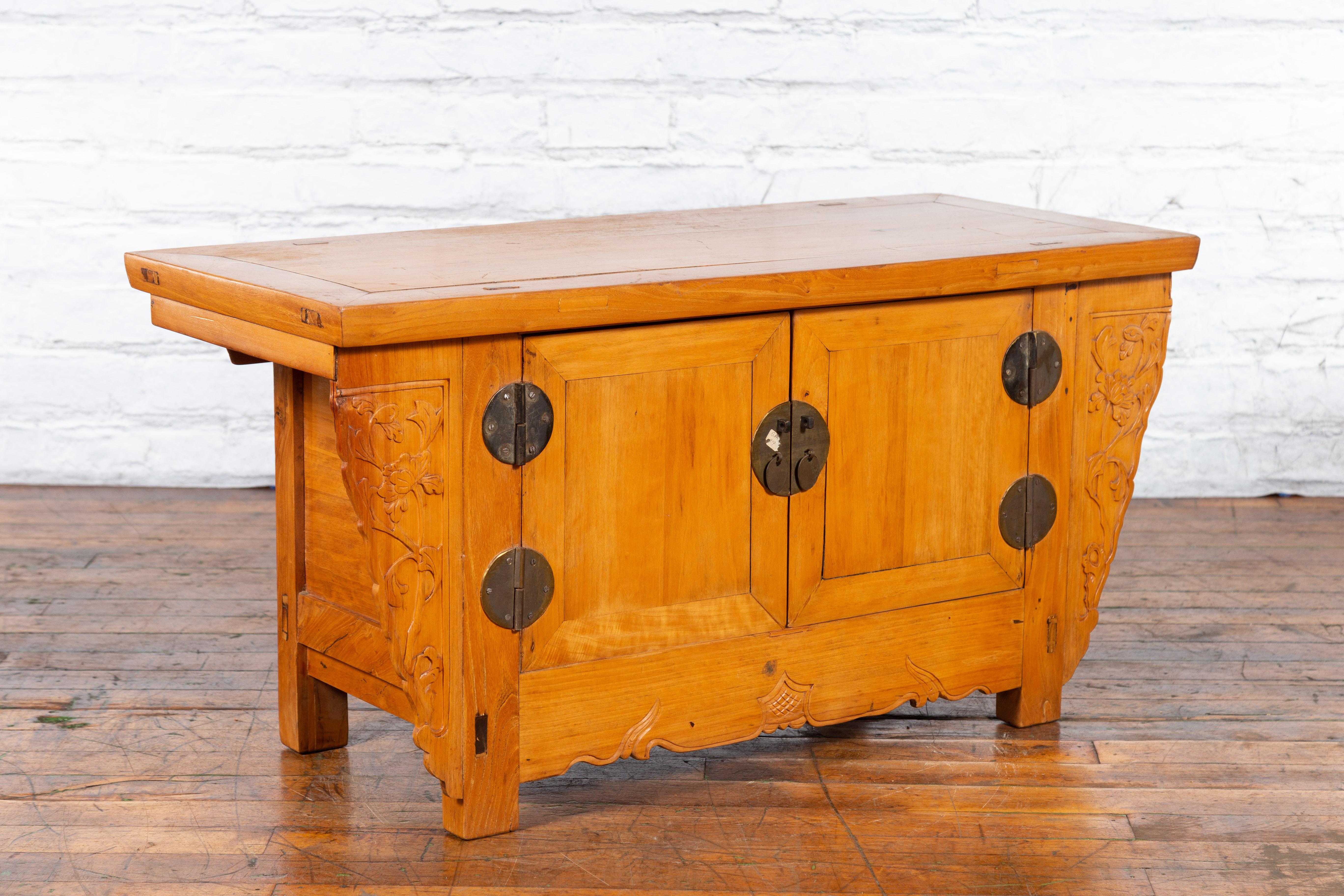 20th Century Chinese Antique Elm Wood Sideboard with Carved Spandrels and Bronze Hardware For Sale