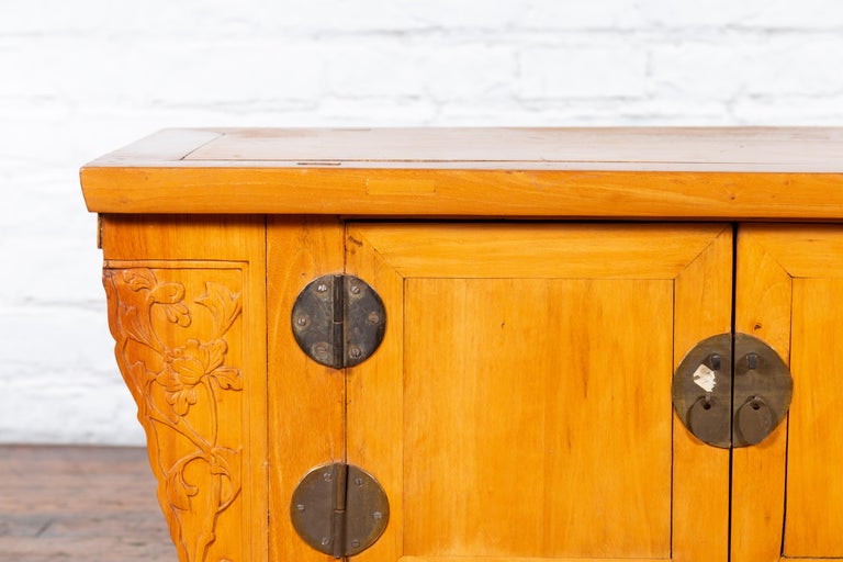 Chinese Antique Elm Wood Sideboard with Carved Spandrels and Bronze