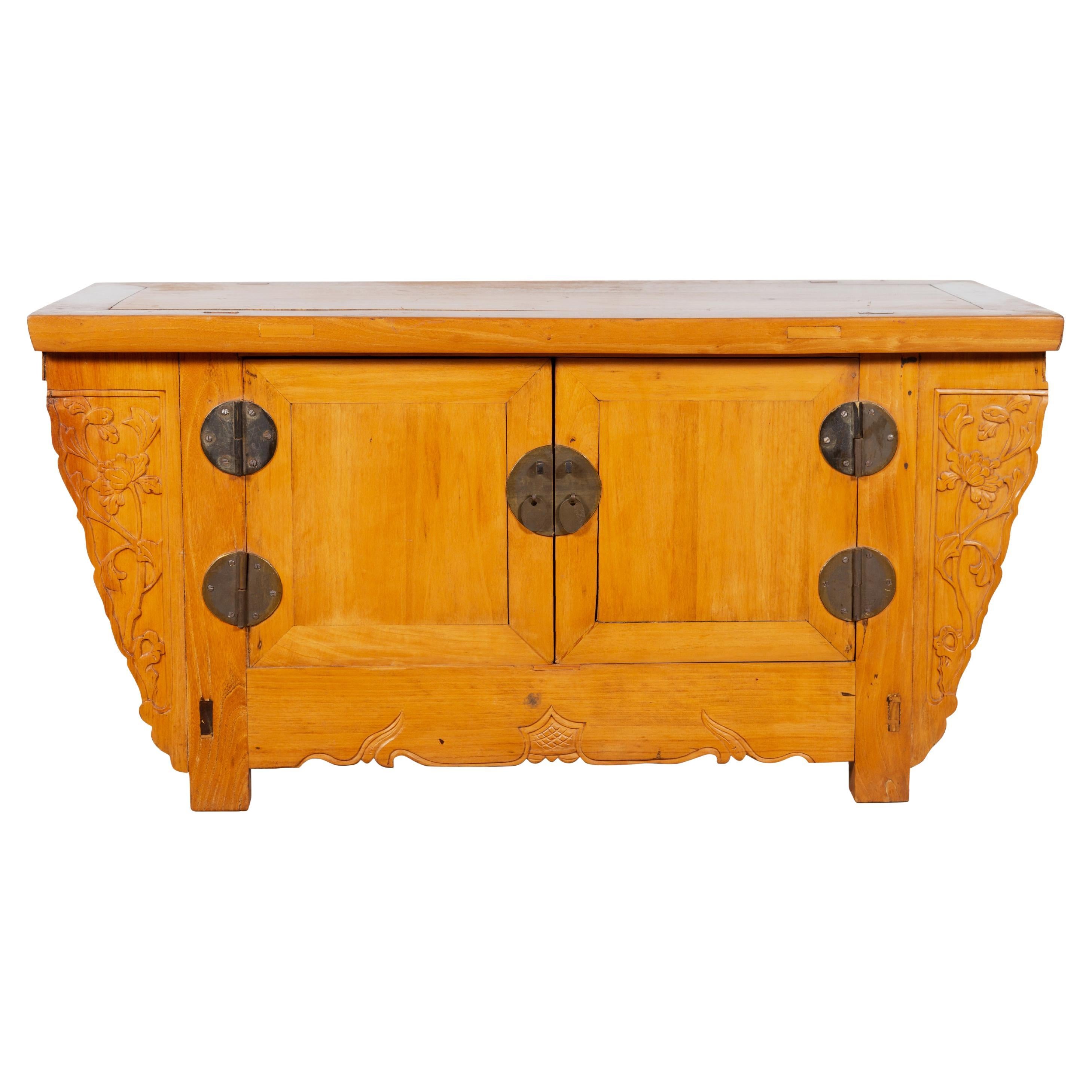 Chinese Antique Elm Wood Sideboard with Carved Spandrels and Bronze Hardware For Sale