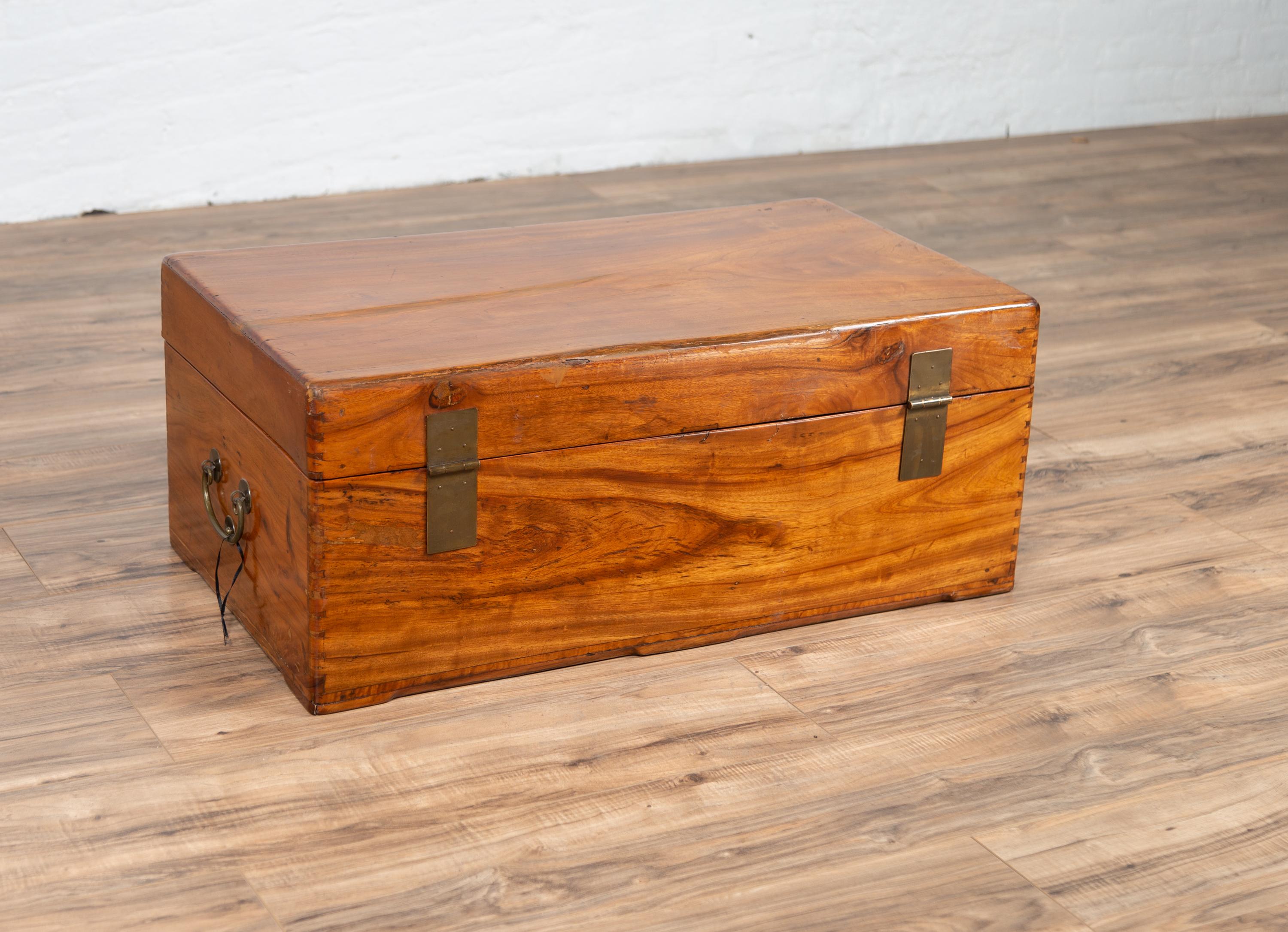 Chinese Antique Elmwood Blanket Chest with Round Brass Medallion Hardware For Sale 4