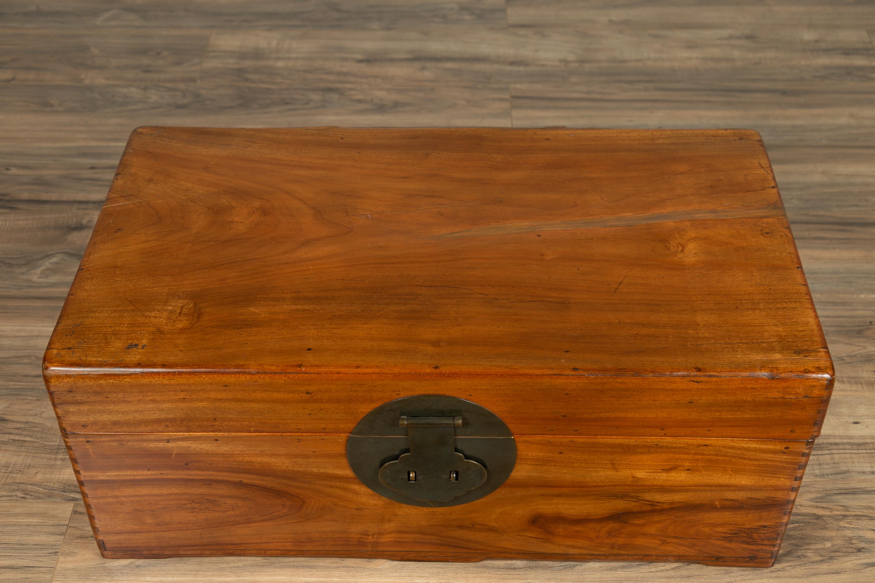 Chinese Antique Elmwood Blanket Chest with Round Brass Medallion