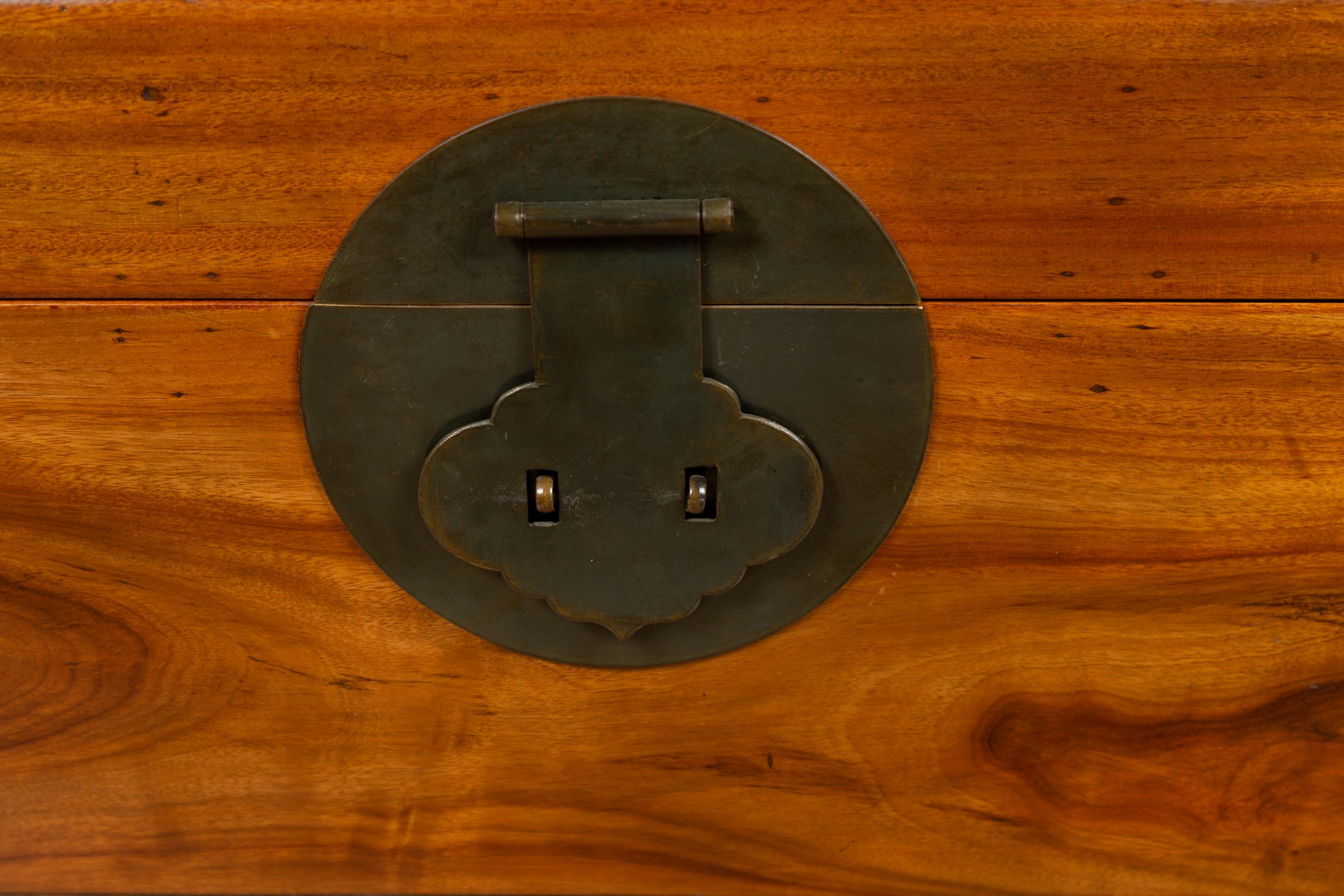 Chinese Antique Elmwood Blanket Chest with Round Brass Medallion