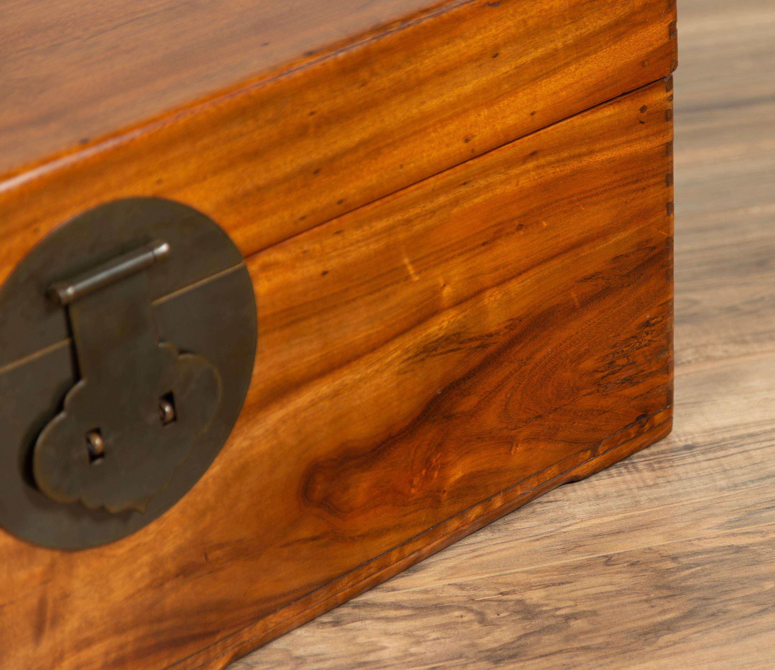 Chinese Antique Elmwood Blanket Chest with Round Brass Medallion