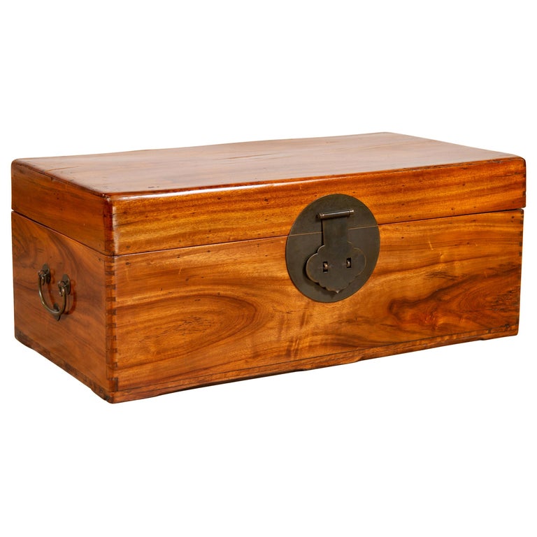 Chinese Antique Elmwood Blanket Chest with Round Brass Medallion