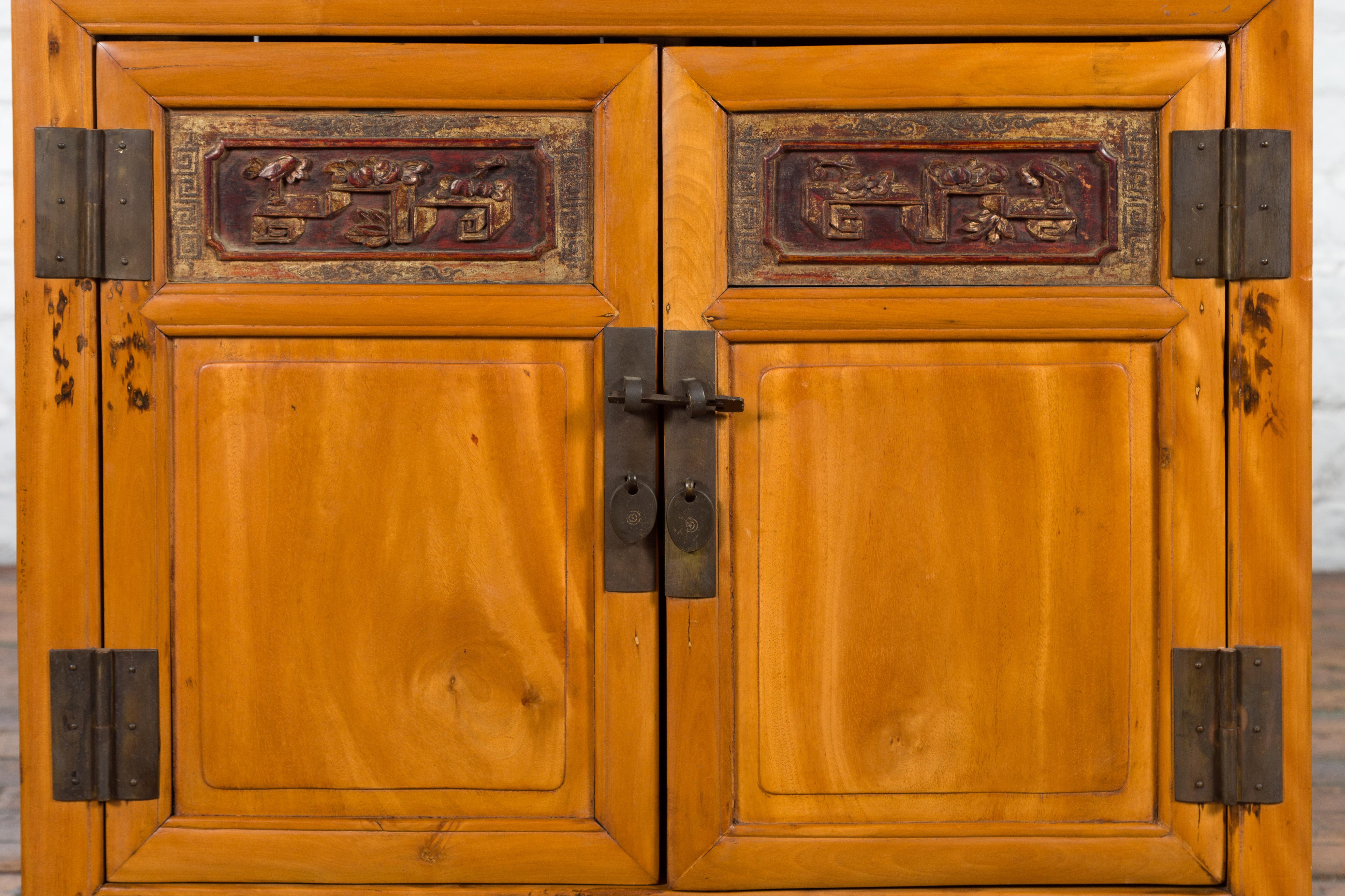 Chinese Antique Elmwood Side Cabinet with Carved Panels and Hidden Drawers For Sale 5