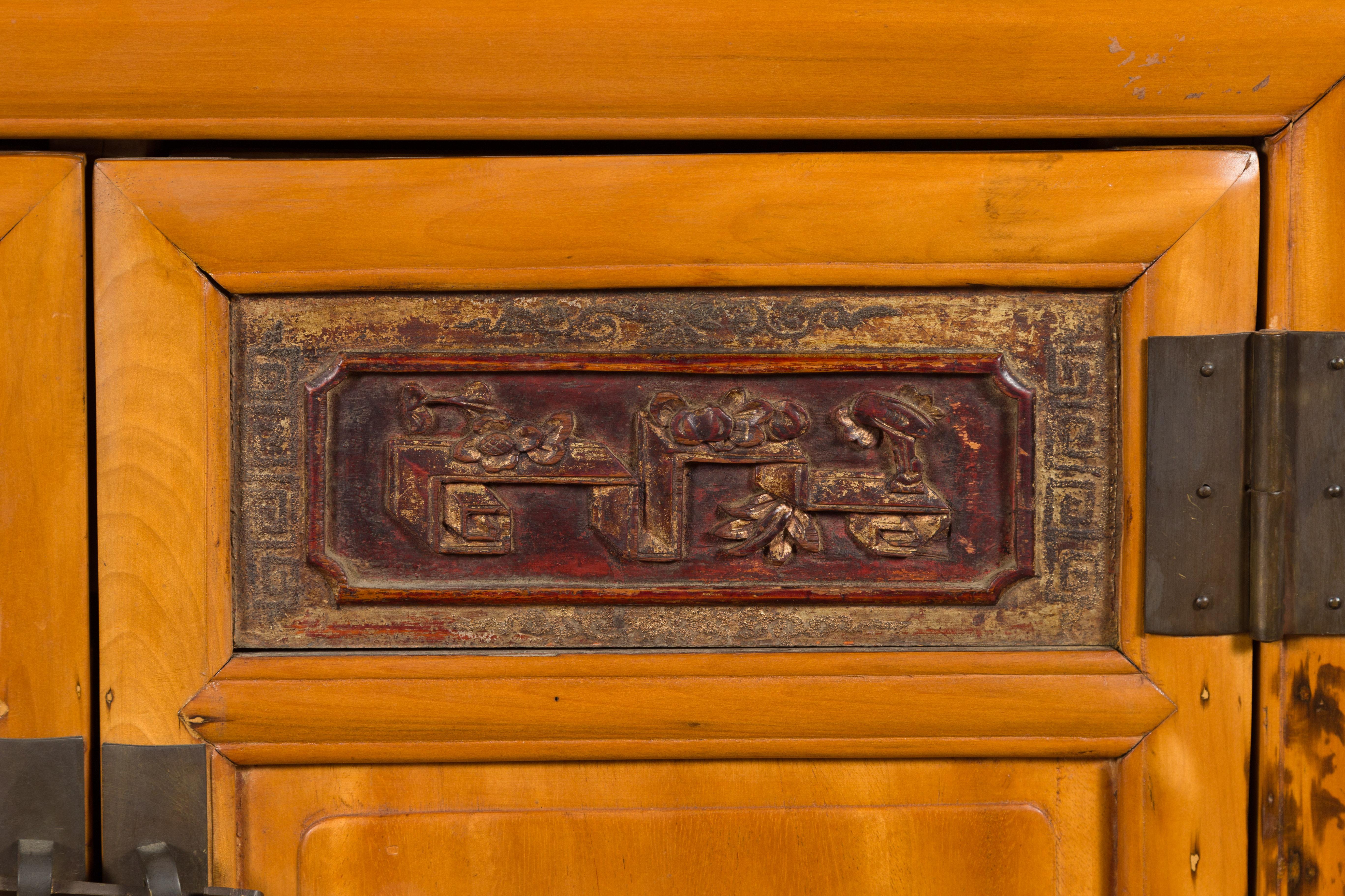Chinese Antique Elmwood Side Cabinet with Carved Panels and Hidden Drawers For Sale 7