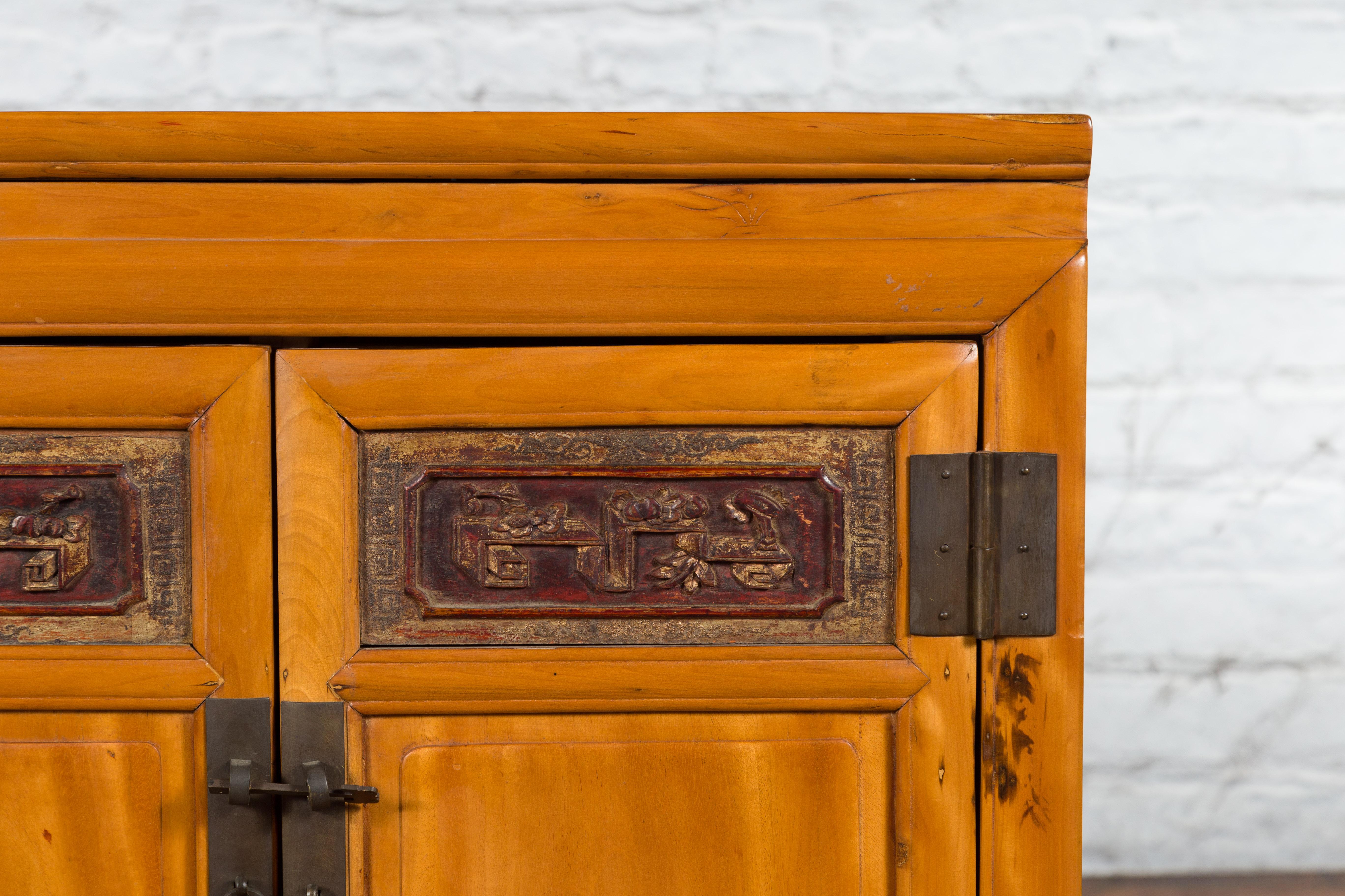 Chinese Antique Elmwood Side Cabinet with Carved Panels and Hidden Drawers For Sale 2