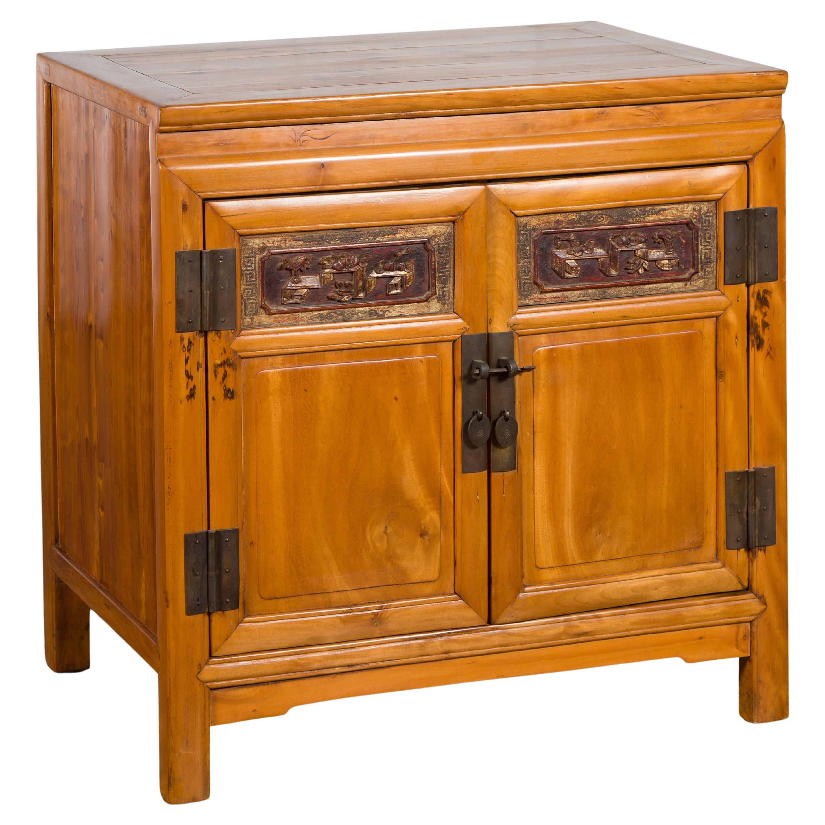 Chinese Antique Elmwood Side Cabinet with Carved Panels and Hidden Drawers For Sale