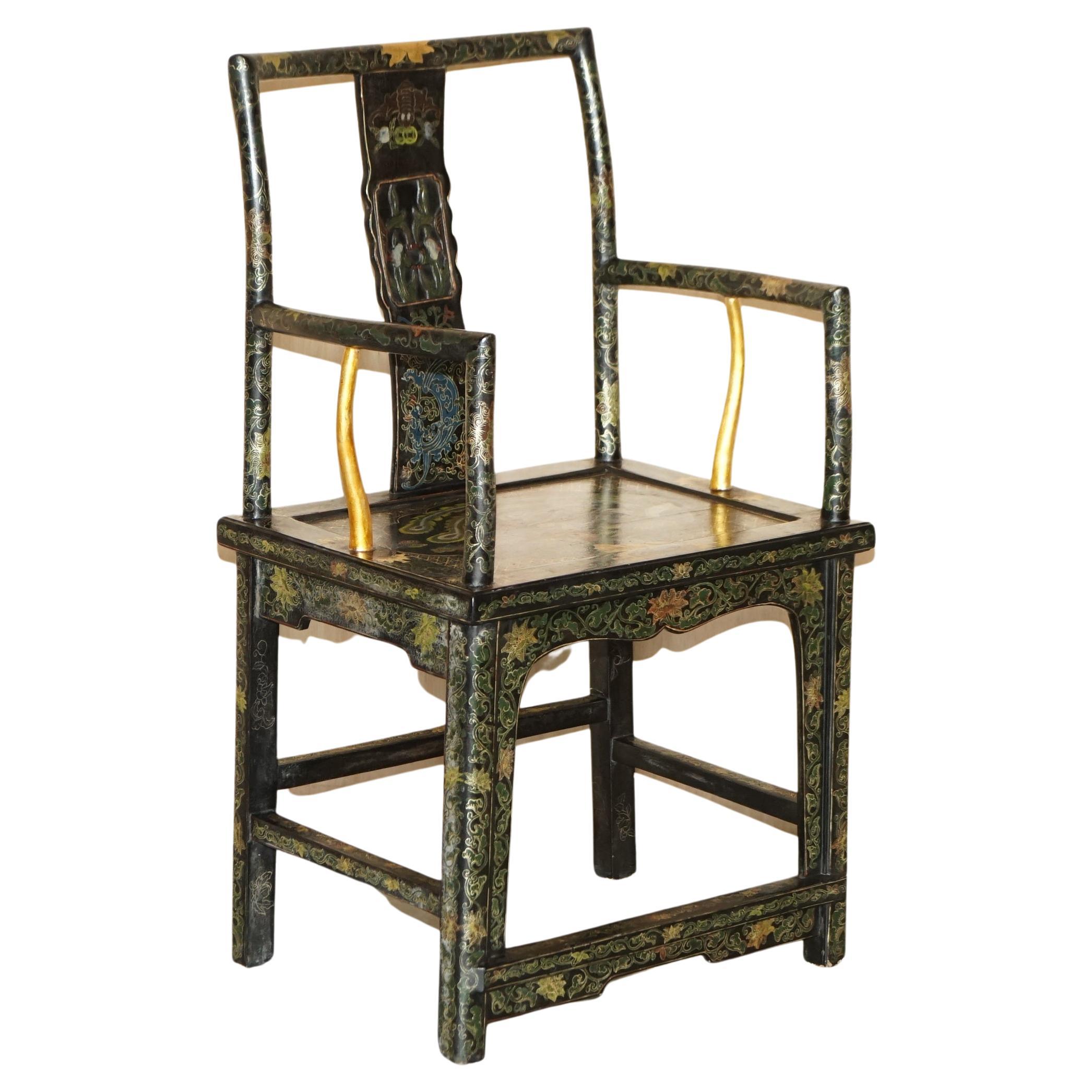 Chinese Antique Export circa 1900 Lacquered & Painted Ming Style Armchair For Sale