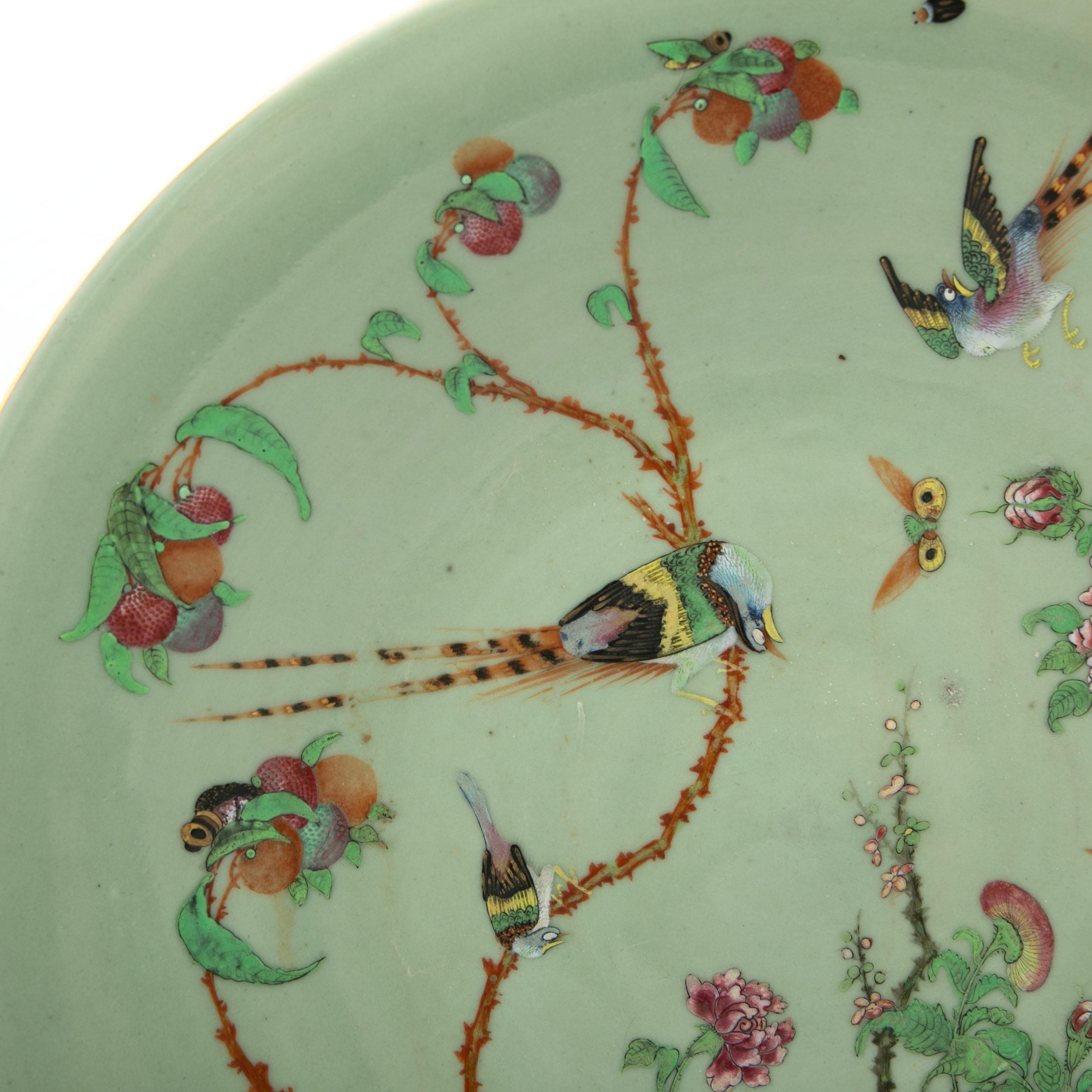 Chinesische antike Famille Rose Celadon-Kanton-Schale aus Celadon im Zustand „Gut“ im Angebot in Kastrup, DK