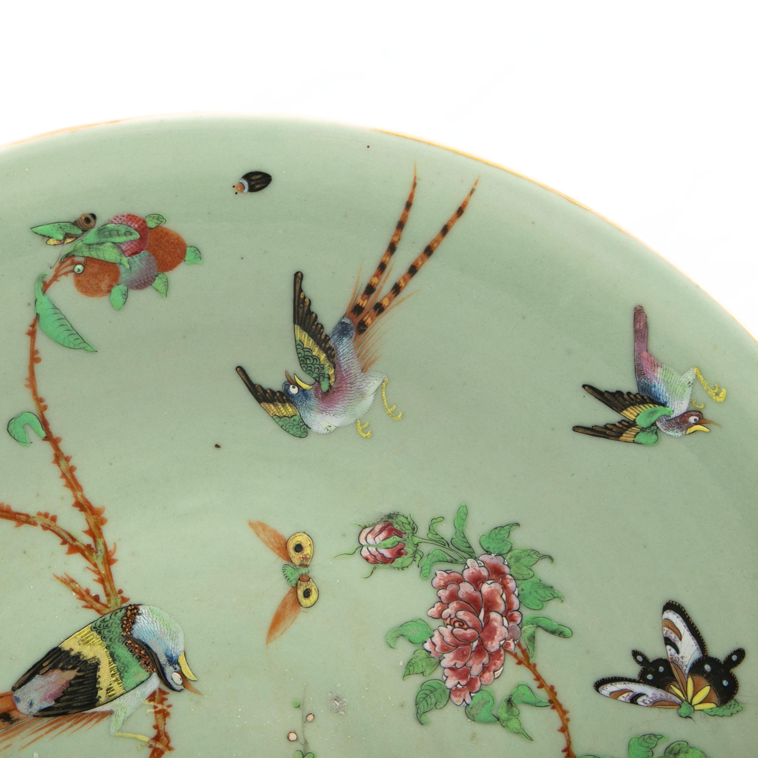 Porcelain Chinese Antique Famille Rose Celadon Canton Dish For Sale