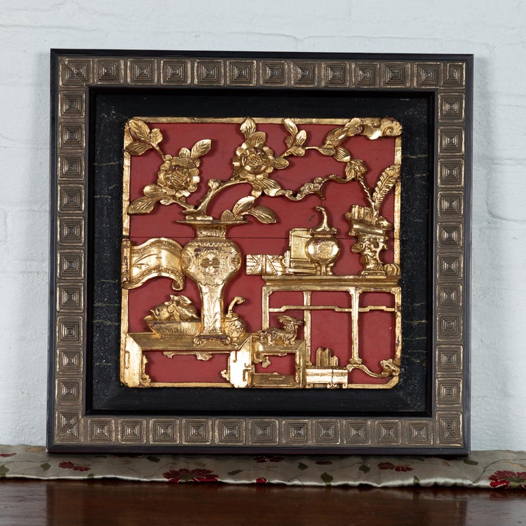 Carved Chinese Antique Giltwood and Red Painted Floral Architectural Panel in New Frame For Sale