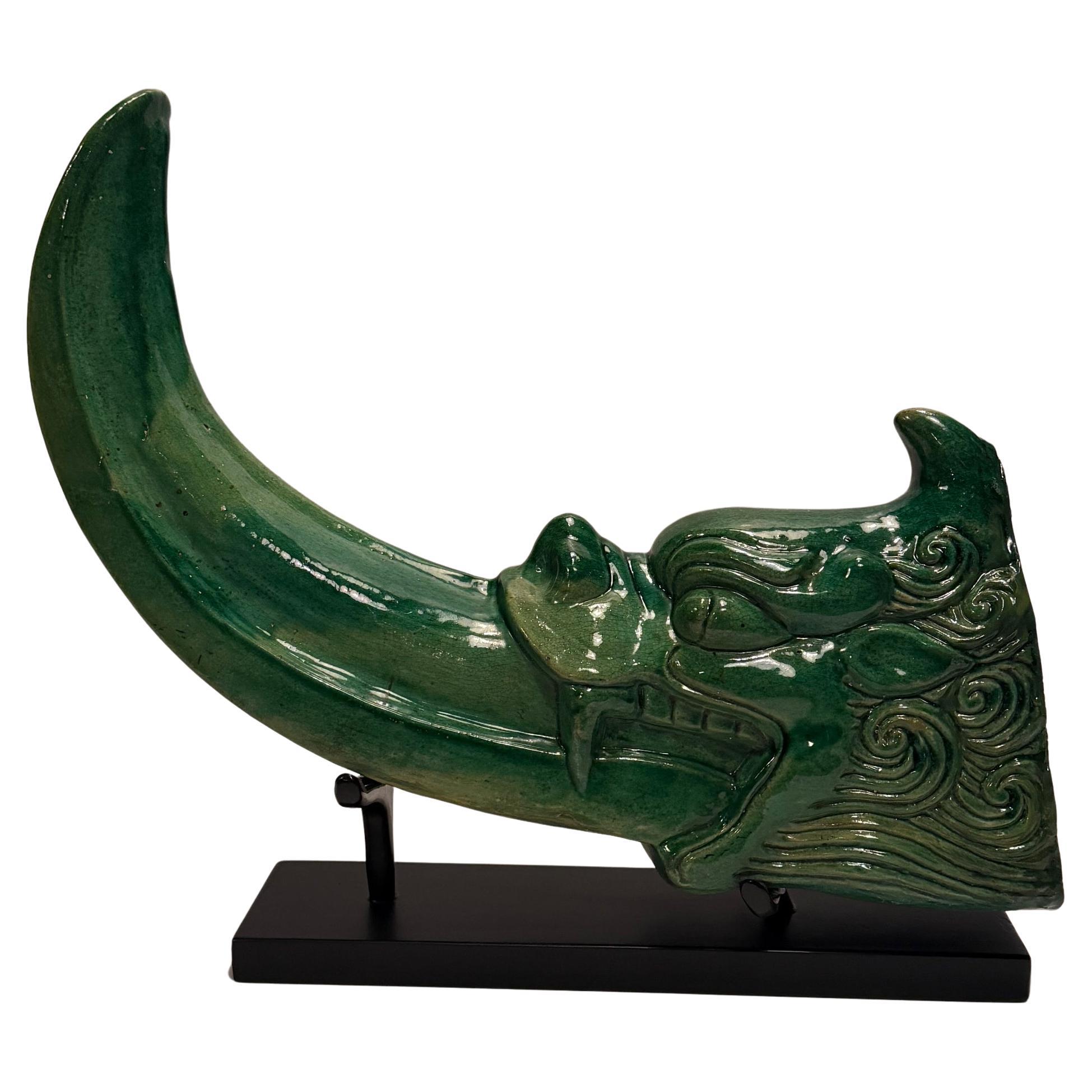 Chinese Antique Glazed Ceramic Dragon Roof Tile on Custom Stand For Sale
