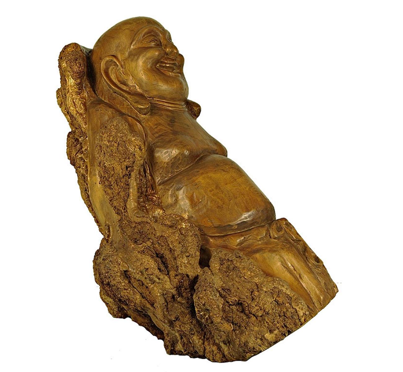 This magnificent Chinese Antique Carved stump Happy Buddha Statuary is 100% hand made and hand carved in about 1850 - 1900 from the tree stump. Following the natural shape of the tree stump, it shows very detailed hand carving works on it. In