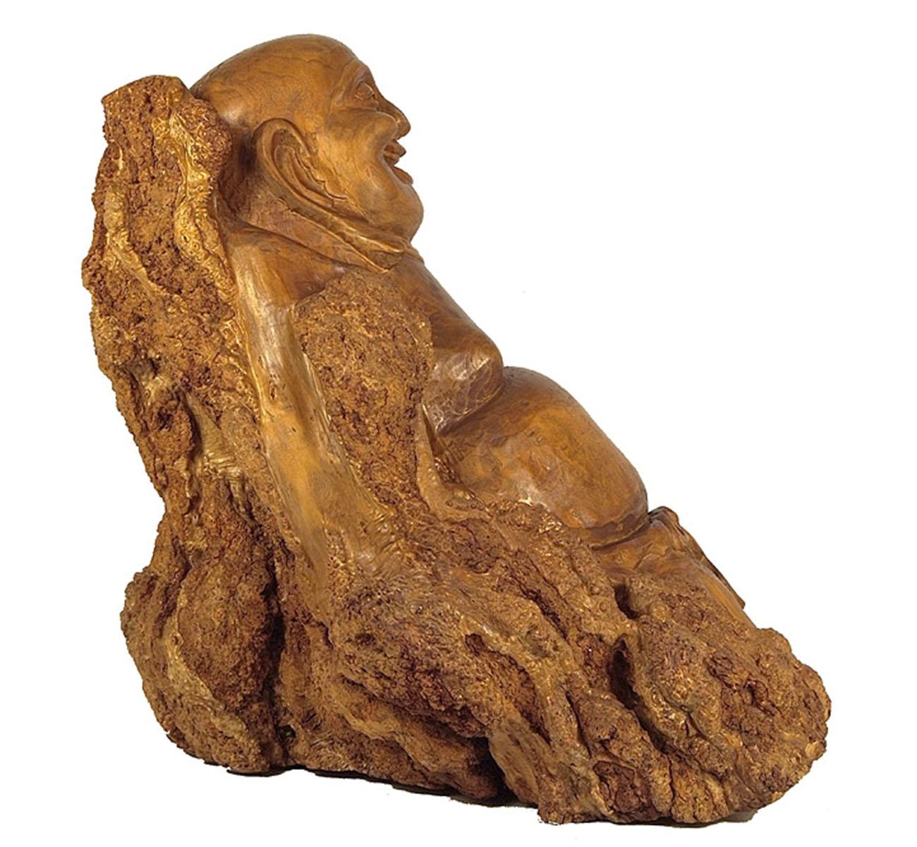 Hand-Carved Chinese Antique Hand Carved Stump Buddha Statuary For Sale
