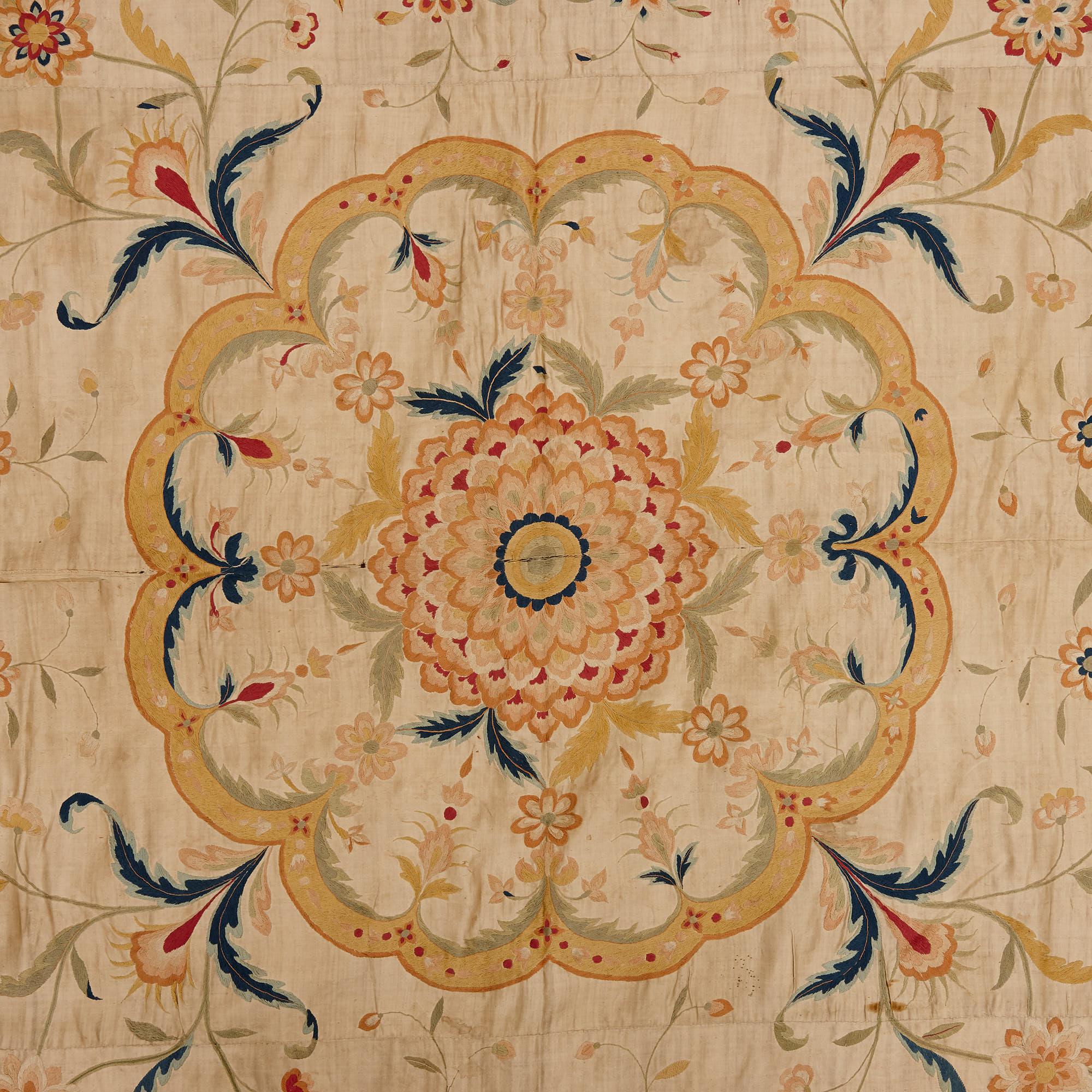 Chinese antique hand-embroidered silk panel on beige background
Chinese, 19th century
Measures: Height 210 cm, width 280cm

This large and fine Chinese silk embroidered panel is decorated with symmetrical floral and ornithological decorations.