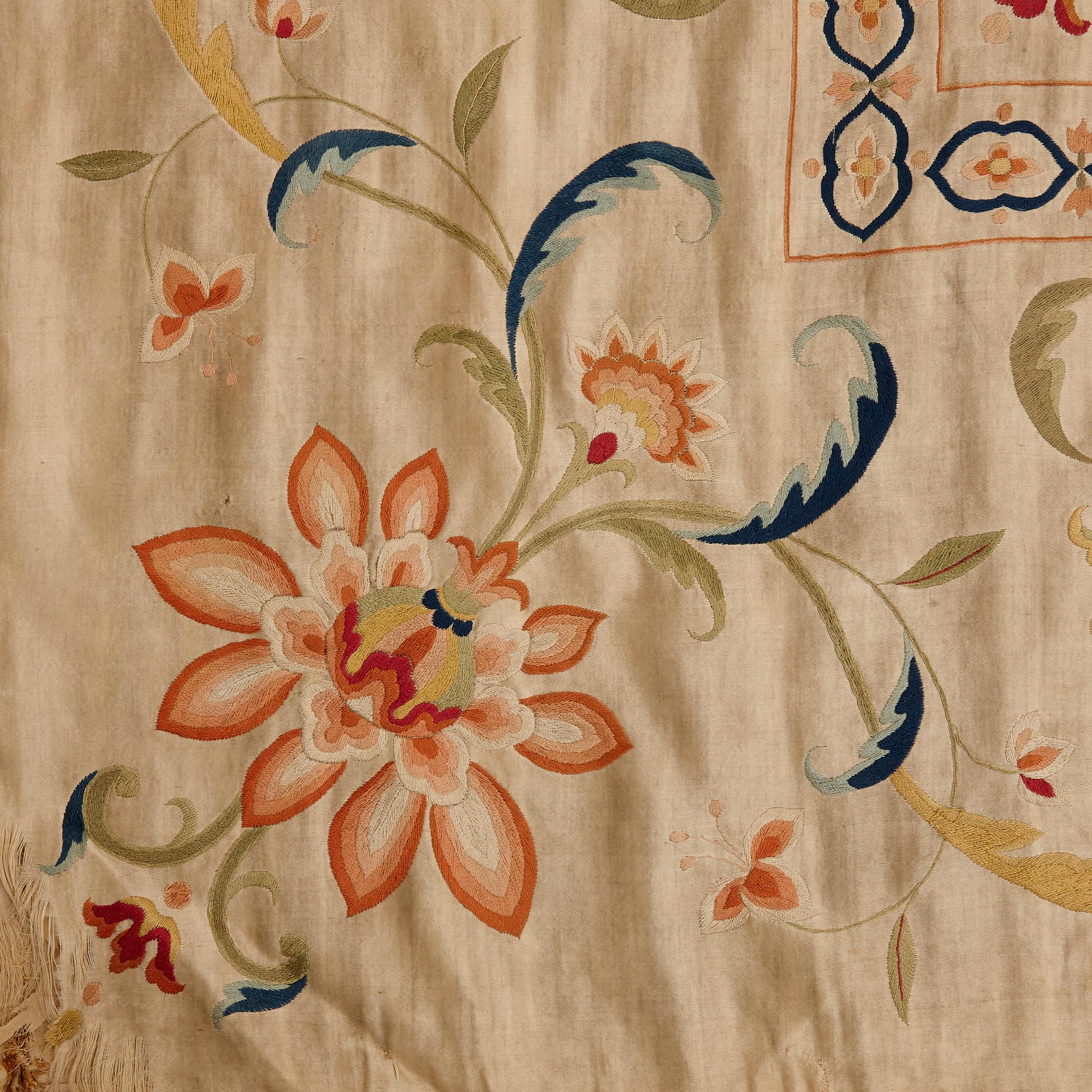 Chinese Antique Hand-Embroidered Silk Panel on Beige Background In Fair Condition In London, GB