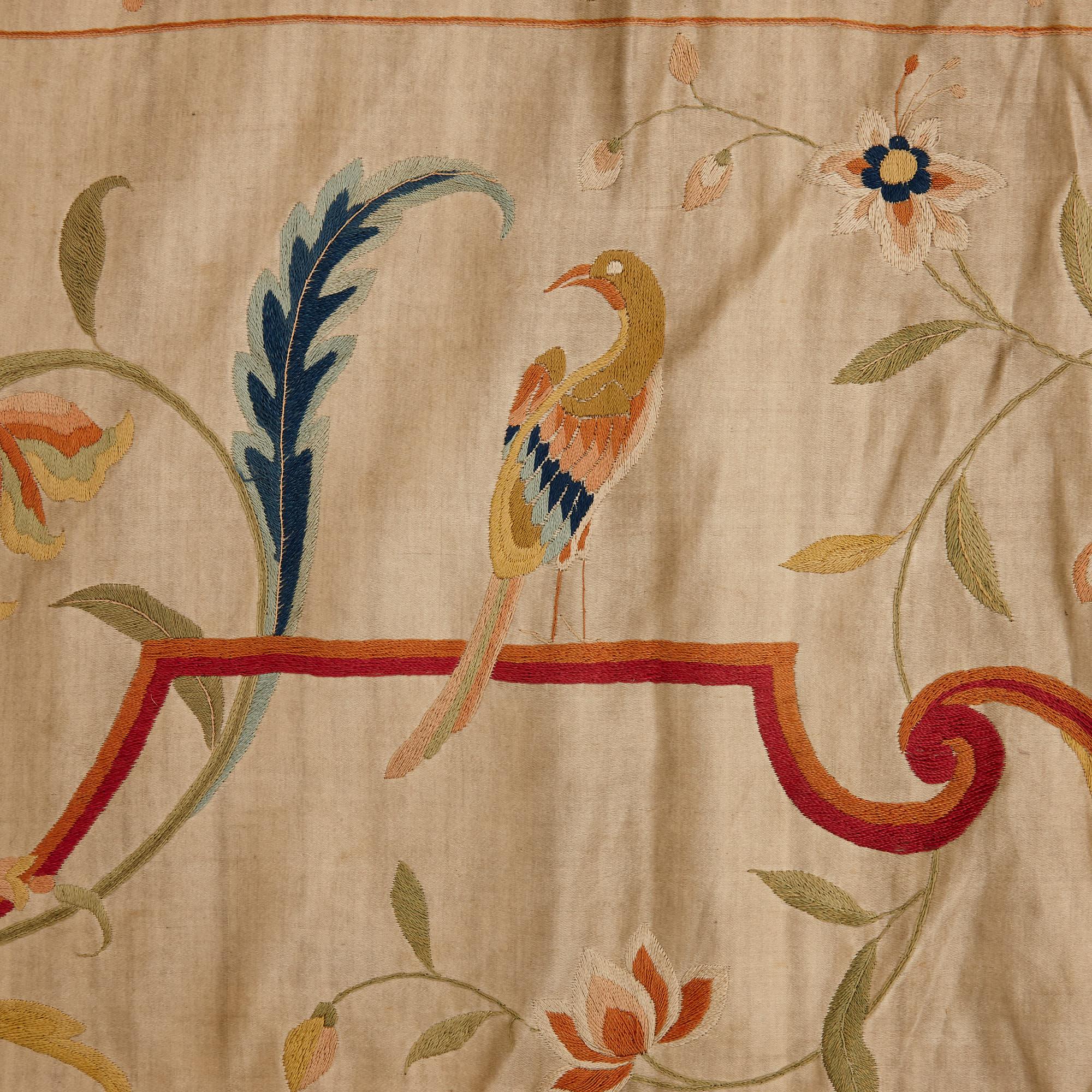 19th Century Chinese Antique Hand-Embroidered Silk Panel on Beige Background