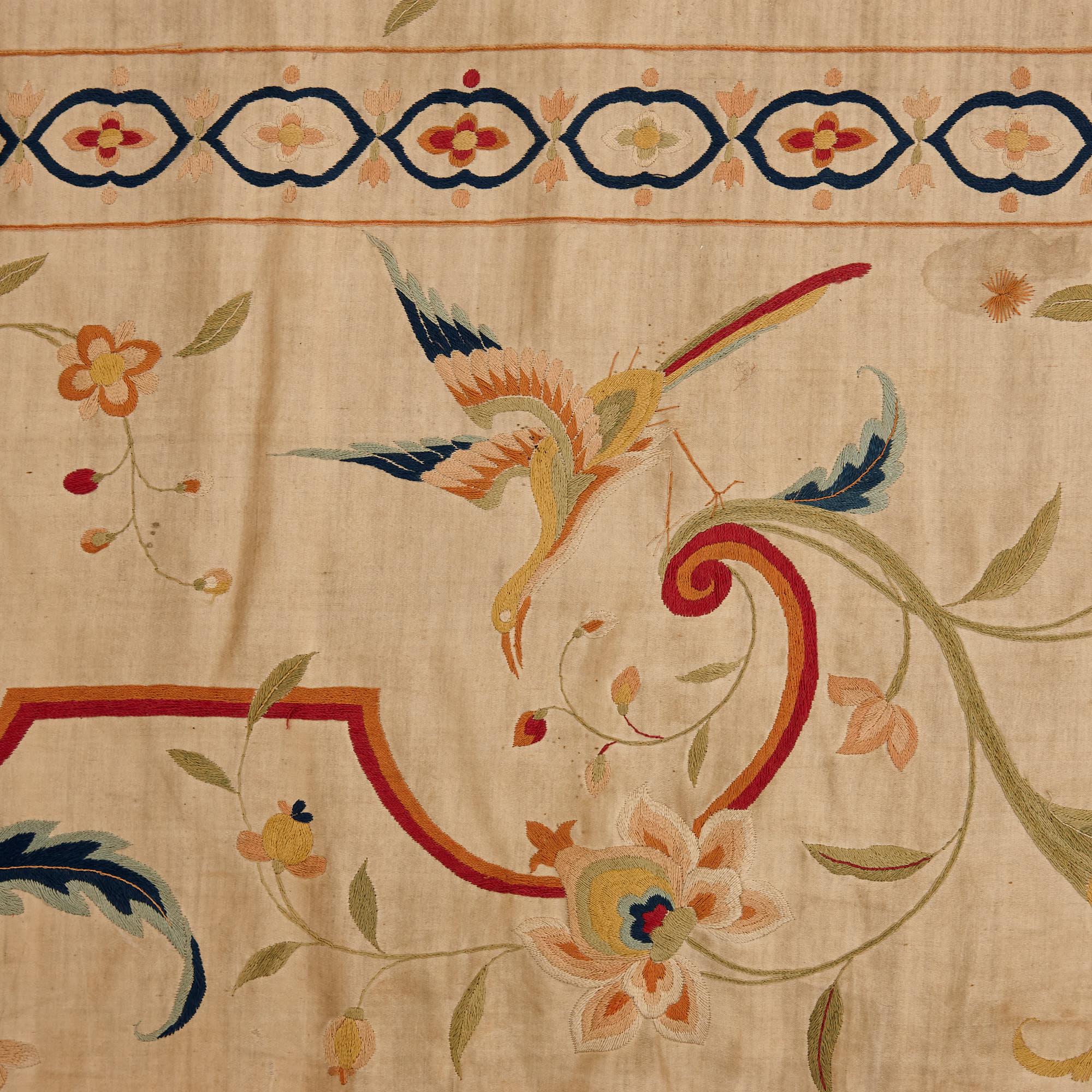 Chinese Antique Hand-Embroidered Silk Panel on Beige Background 1