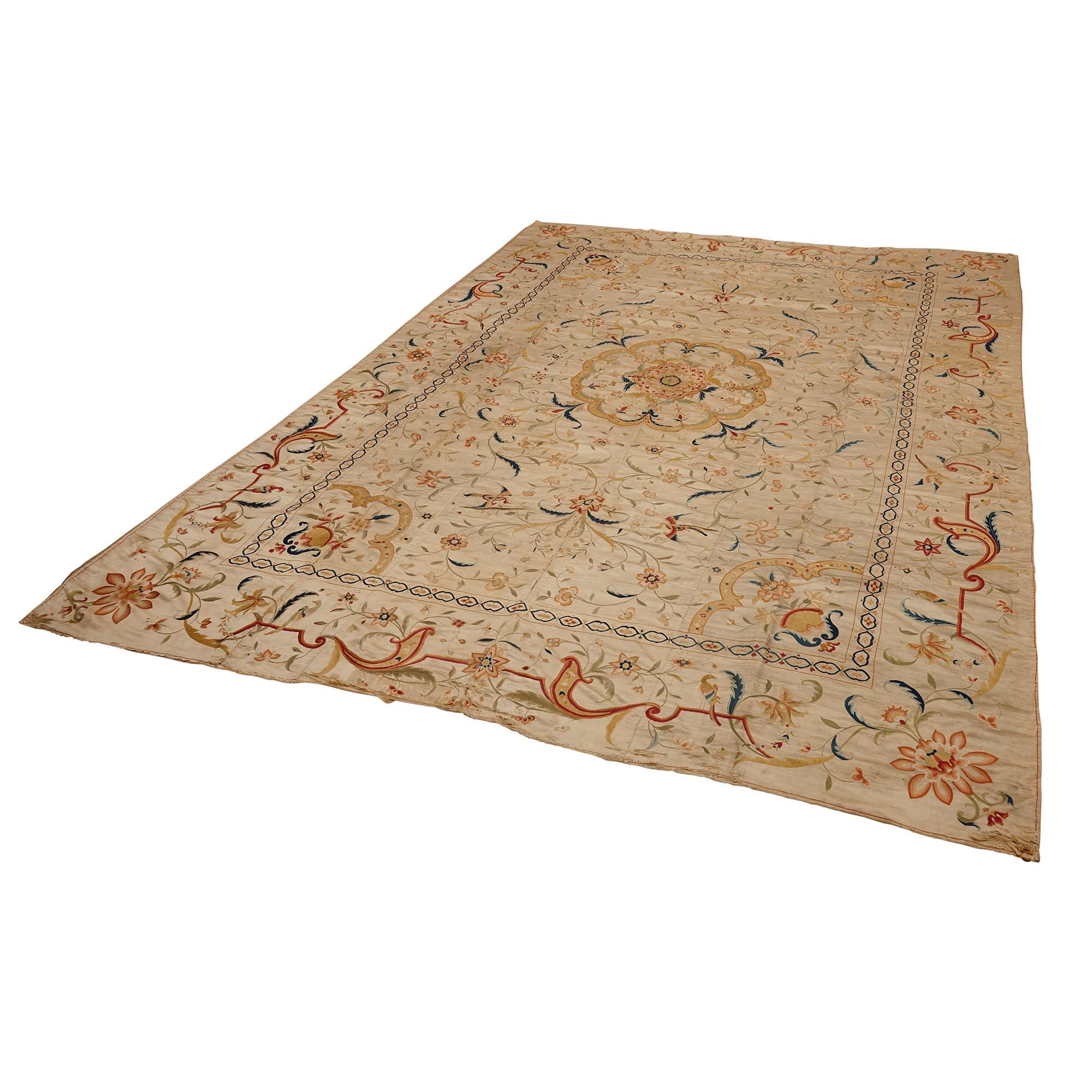 Chinese Antique Hand-Embroidered Silk Panel on Beige Background 2