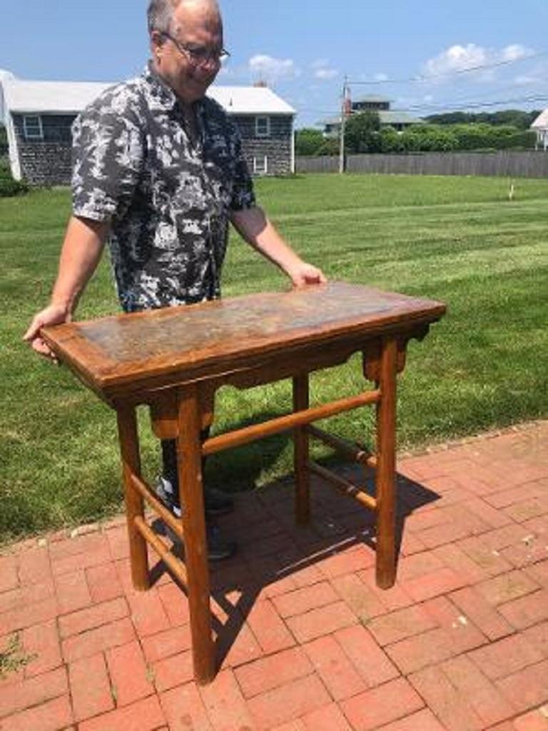 China rare antique stone inlaid wine table, middle Qing dynasty (1644-1911), 18th/19th century.

Elm wood (Humu) with original pudding stone inlay. 

All original with no damages and no repairs.

See Bonhams auction in 2011 for similar.