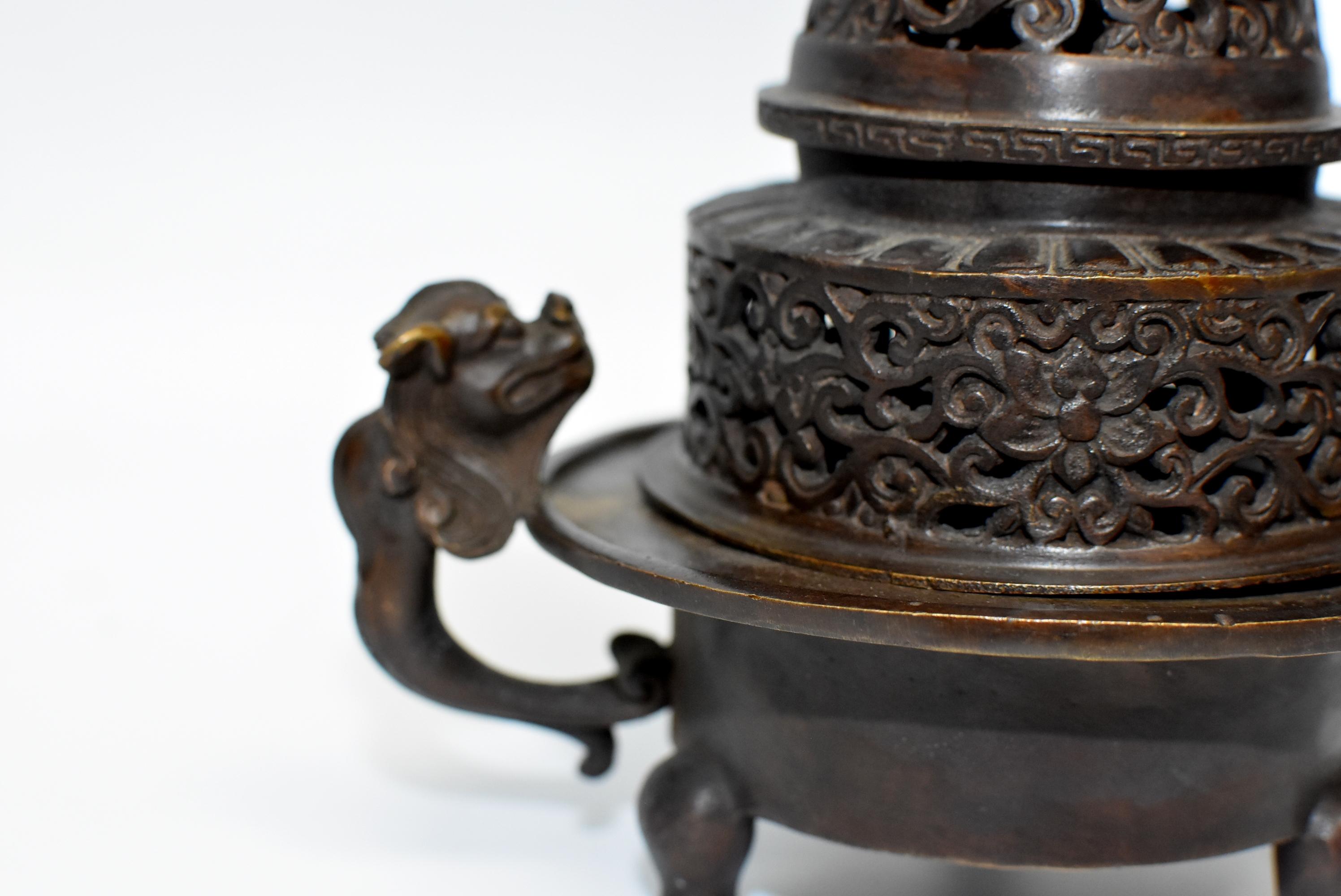 Chinese Antique Incense Burner, Copper Bronze with Dragons, Signed 3
