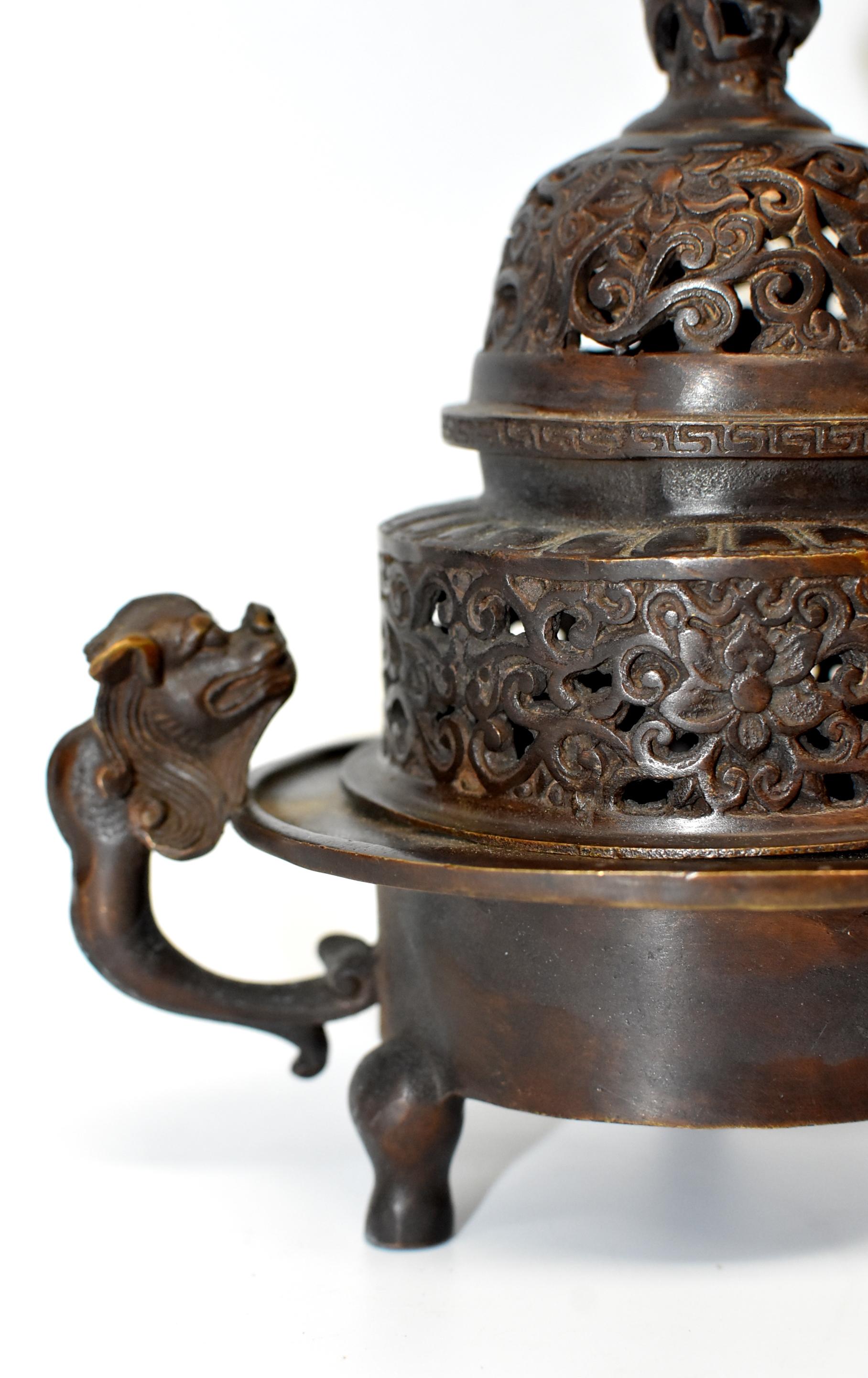 Chinese Antique Incense Burner, Copper Bronze with Dragons, Signed 4