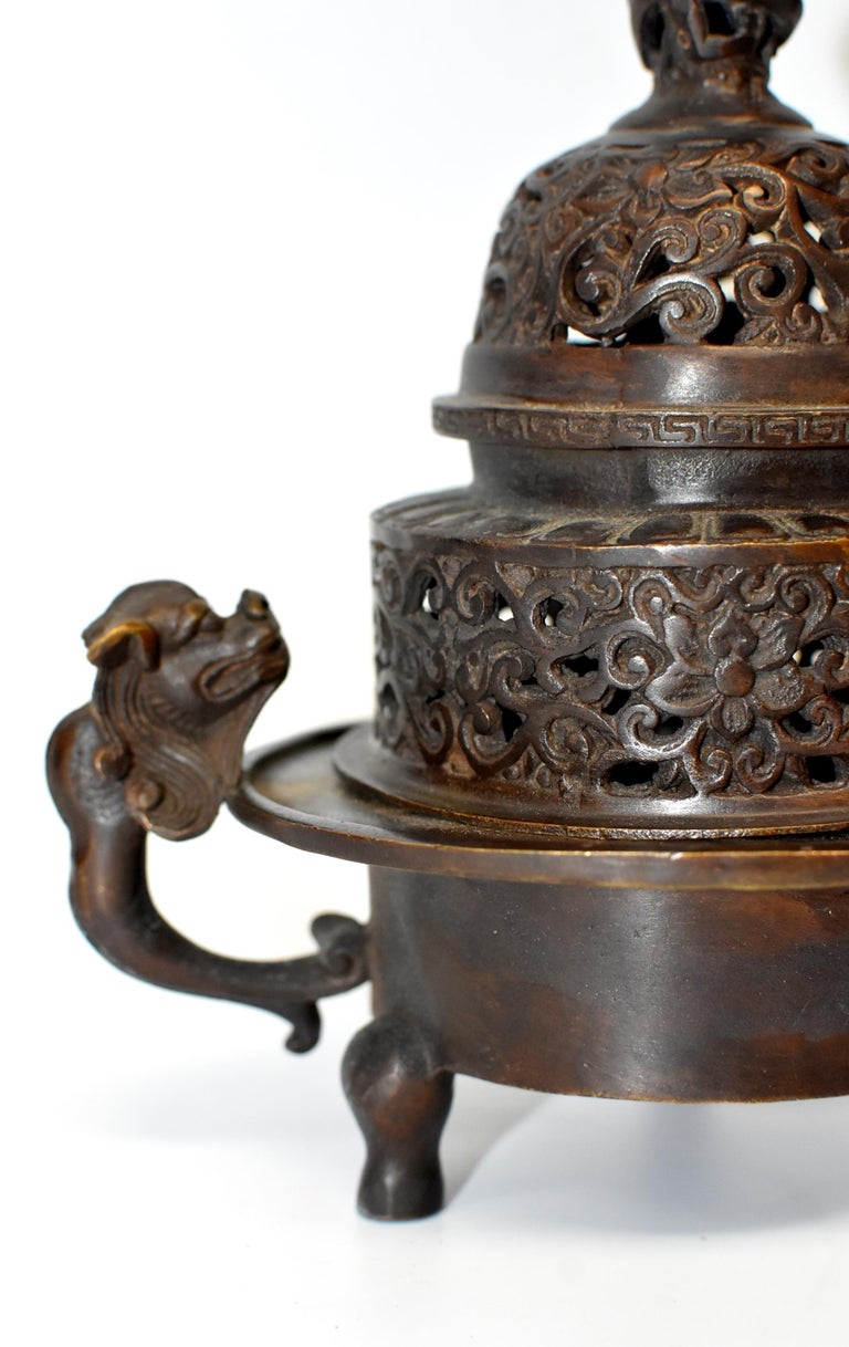 Chinese Antique Incense Burner, Copper Bronze with Dragons, Signed at
