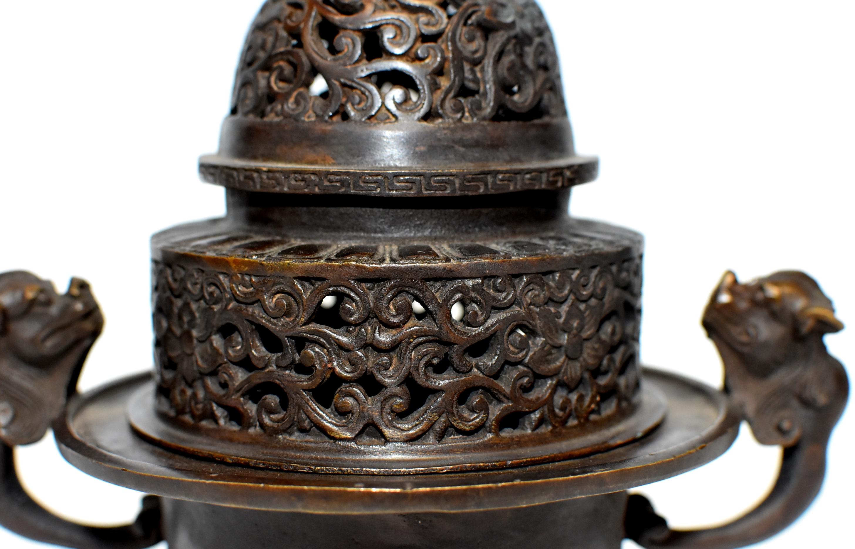 Chinese Antique Incense Burner, Copper Bronze with Dragons, Signed 7