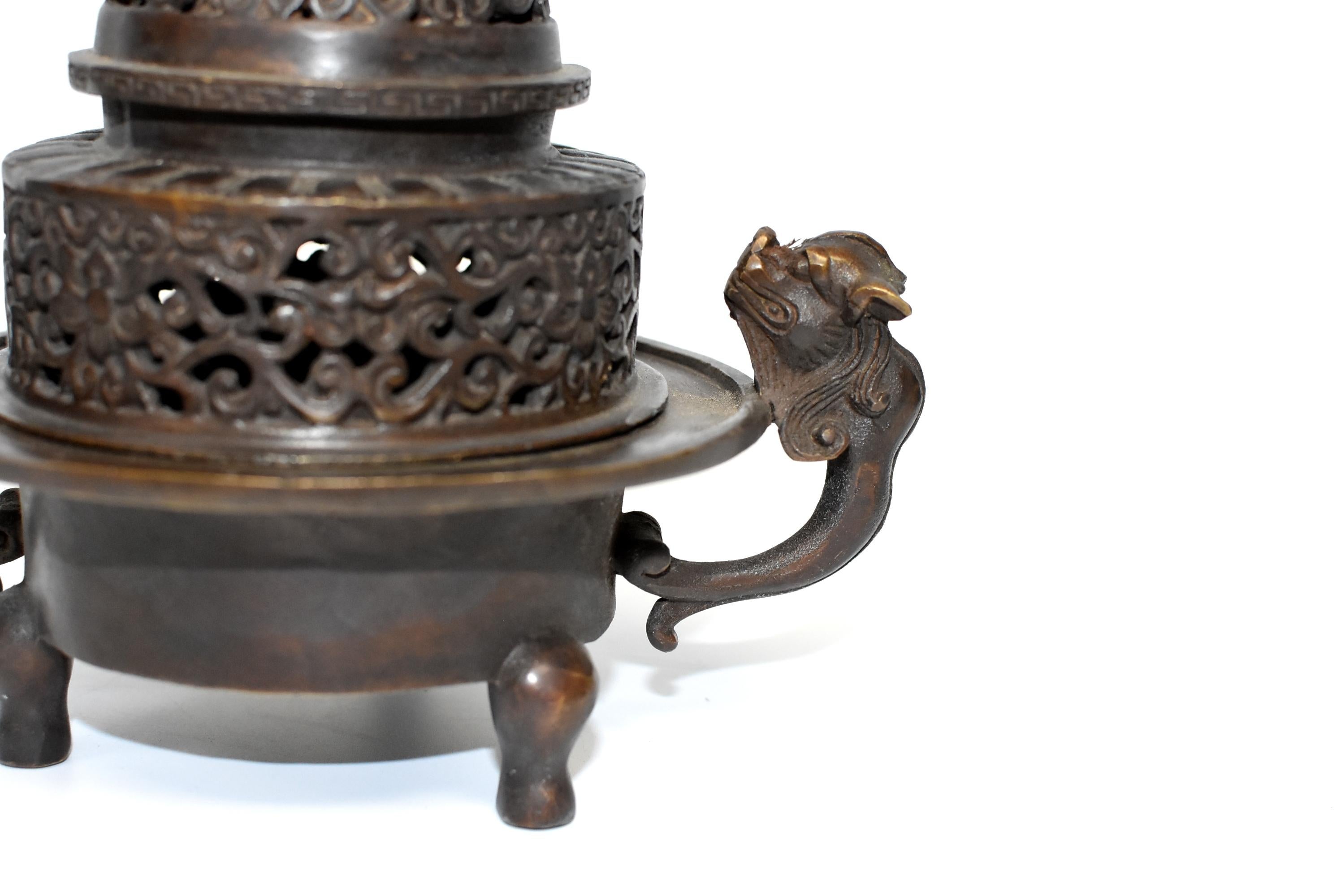 11cm  antique style Rare Vintage Tibet Copper Dragon bird Incense Burner Censer 