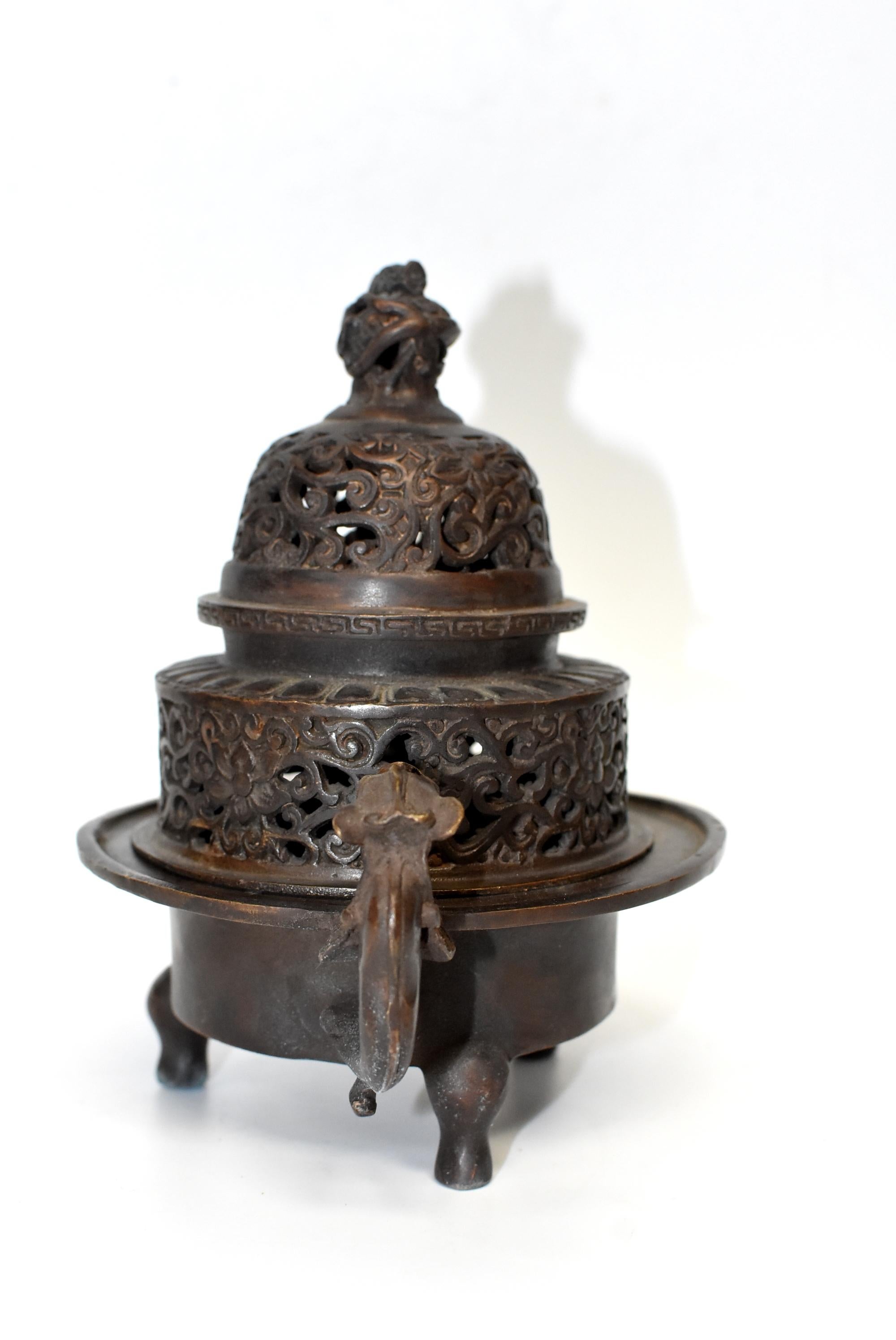 Qing Chinese Antique Incense Burner, Copper Bronze with Dragons, Signed