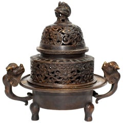 Chinese Antique Incense Burner, Copper Bronze with Dragons, Signed