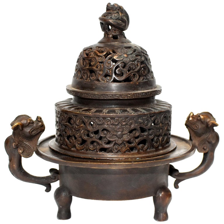 Chinese Antique Incense Burner, Copper Bronze with Dragons, Signed at