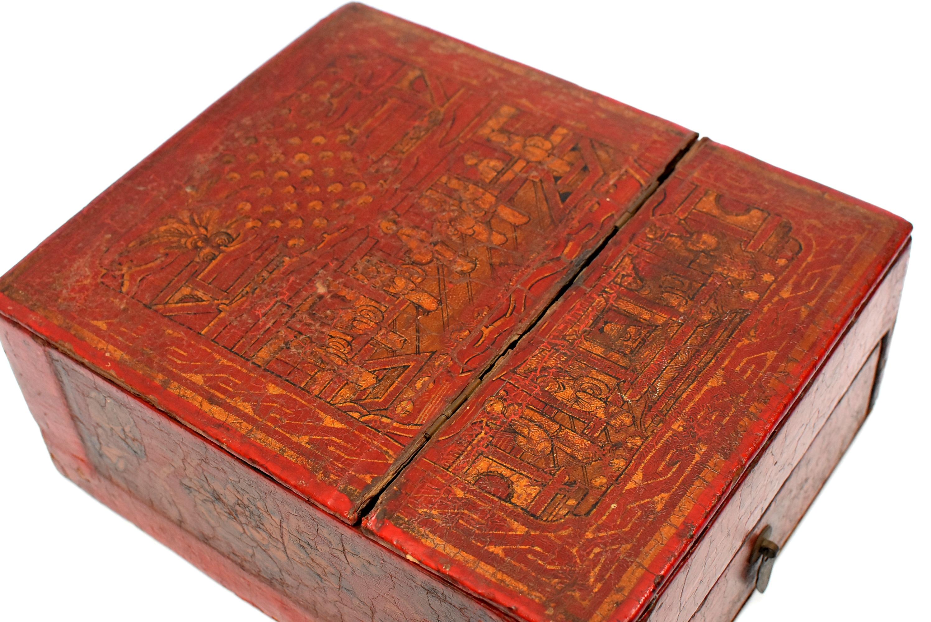 Chinese Antique Jewelry Box, Wood and Leather 9