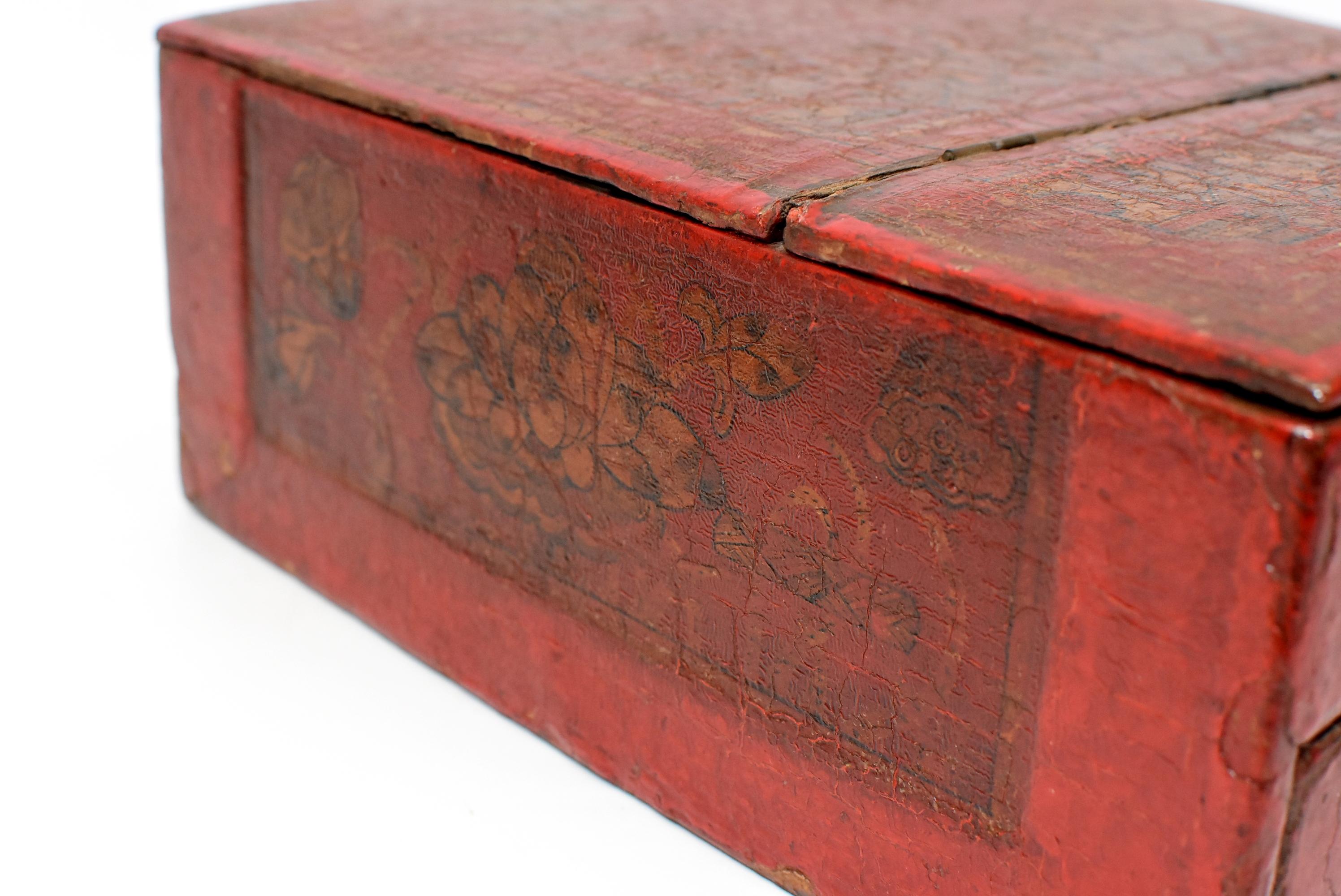 Chinese Antique Jewelry Box, Wood and Leather 10
