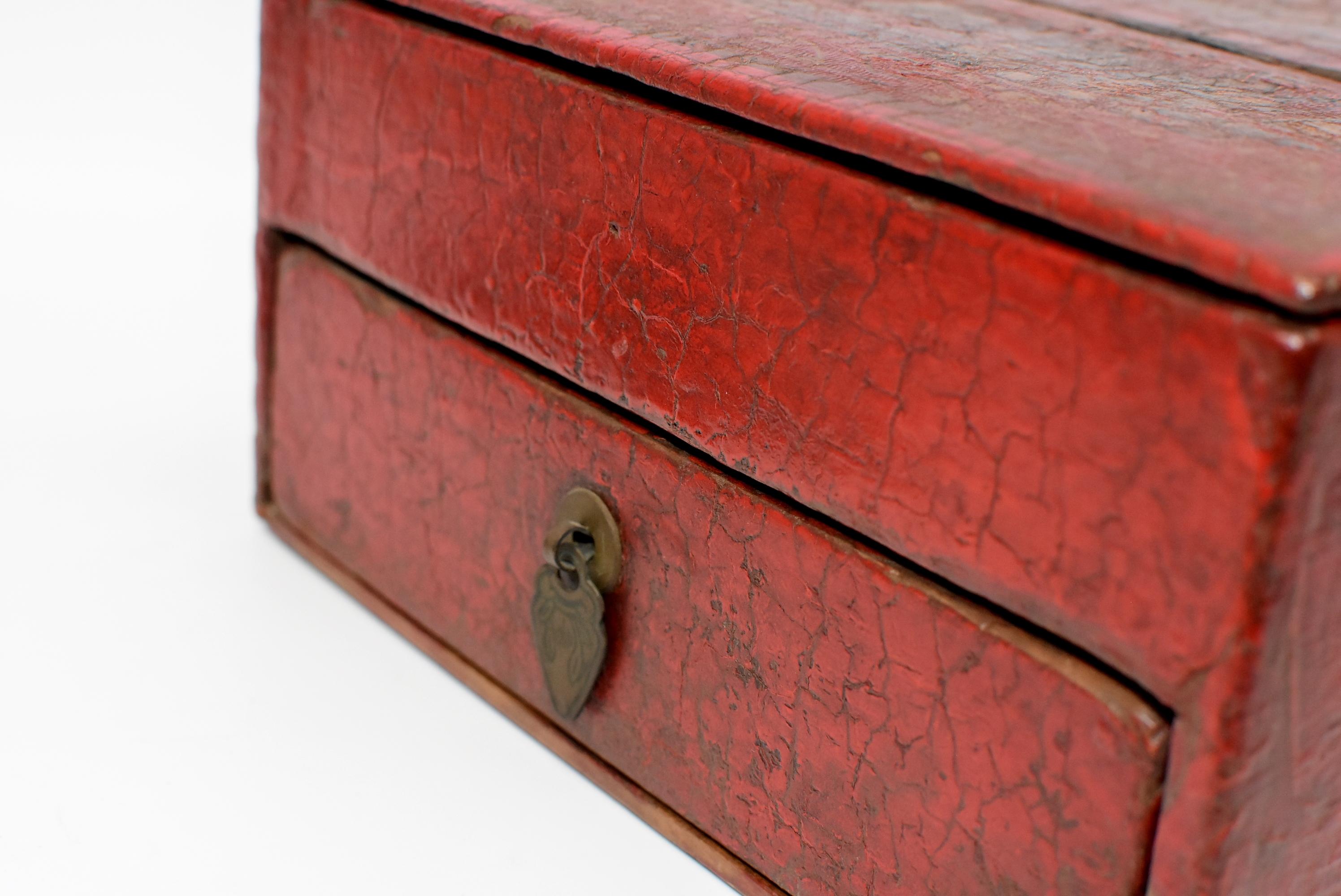 Chinese Antique Jewelry Box, Wood and Leather 12